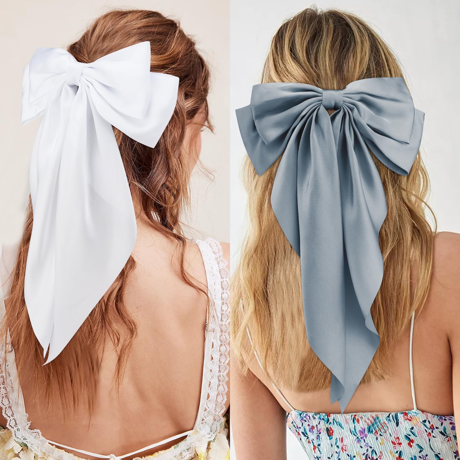 Velscrun 3Pcs Hair Accessories For Women - Black, White, And Navy Blue Oversized Satin Bows With Long Tails And Clips For Girls