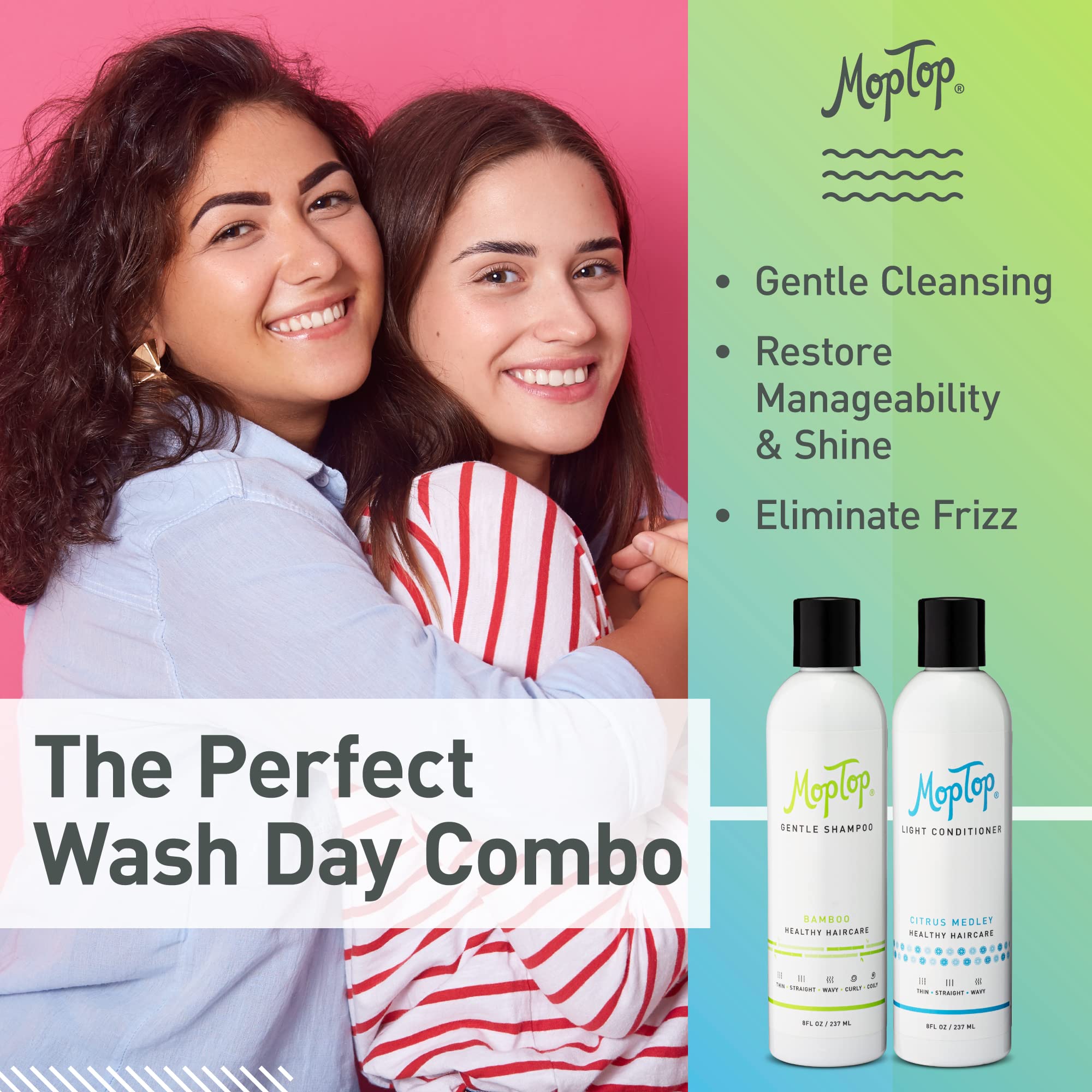 MopTop Lightweight Curly Hair Shampoo and Conditioner Set - Gentle Shampoo + Light Conditioner, Reduces Frizz & Restores Dry Dam