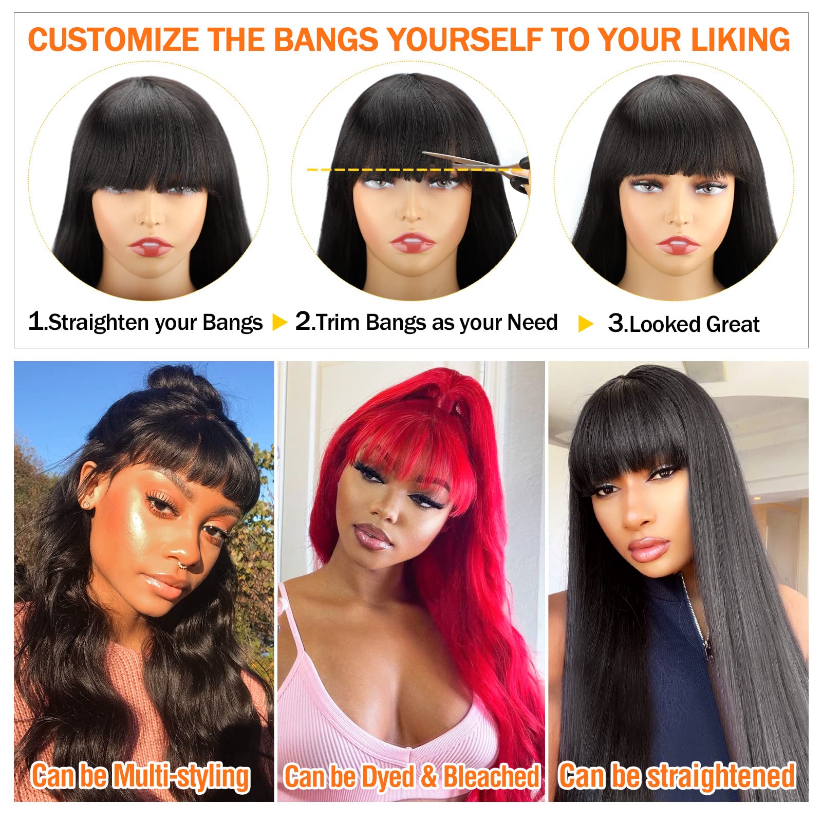 Human Hair Wigs with Bangs Body Wave Bang Wigs for Black Women Human Hair 150% Density Brazilian Glueless None Lace Front Wig Hu
