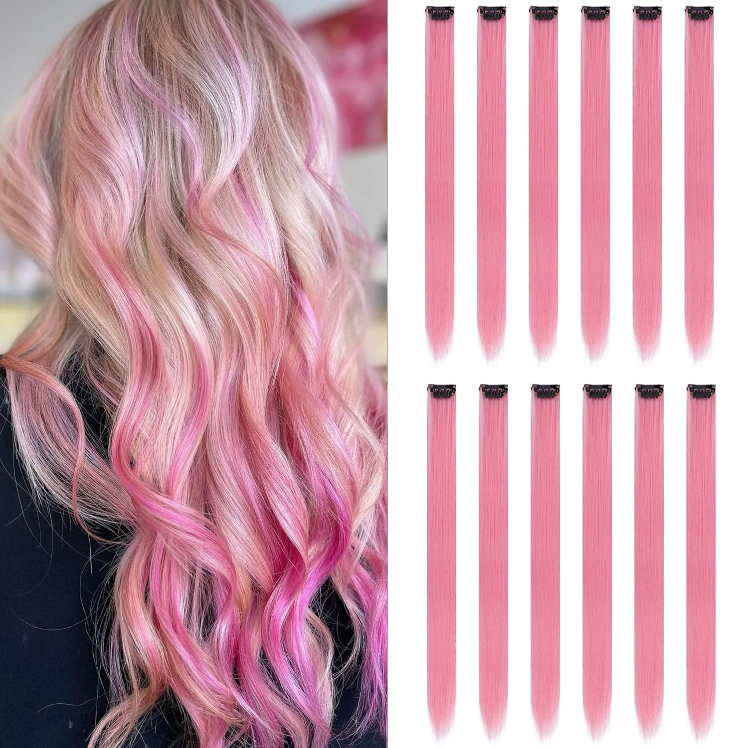 12PCS Colored Pink Hair Extensions Party Highlights Colorful Clip in Hair Extensions 22 Inch Straight Synthetic Hairpieces for W
