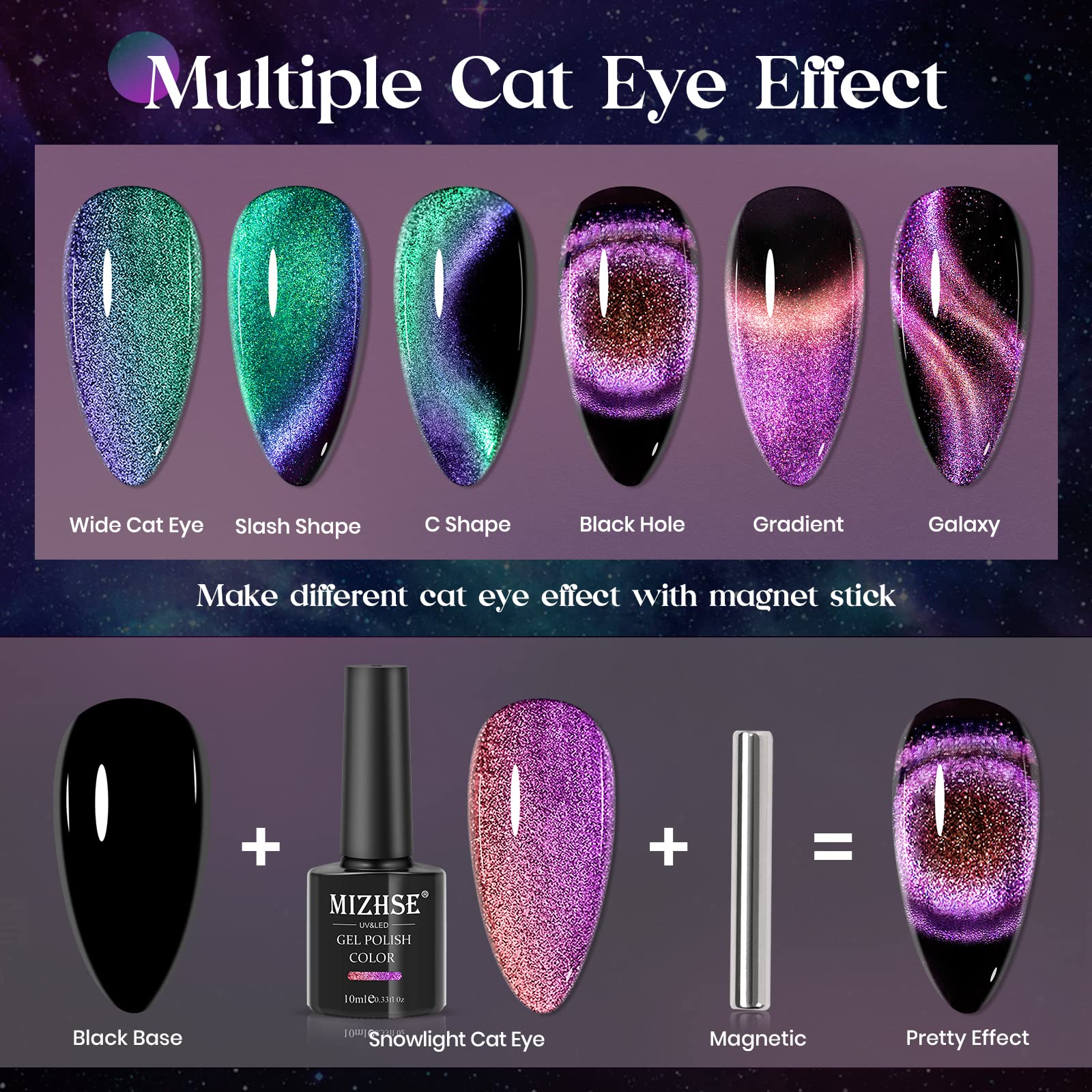 Mizhse 9D Cat Eye Gel Nail Polish, 2 Colors Cyan And Purple Holographic Galaxy Cateye Magnetic Nail Polish Gel, Magic Cateye Man