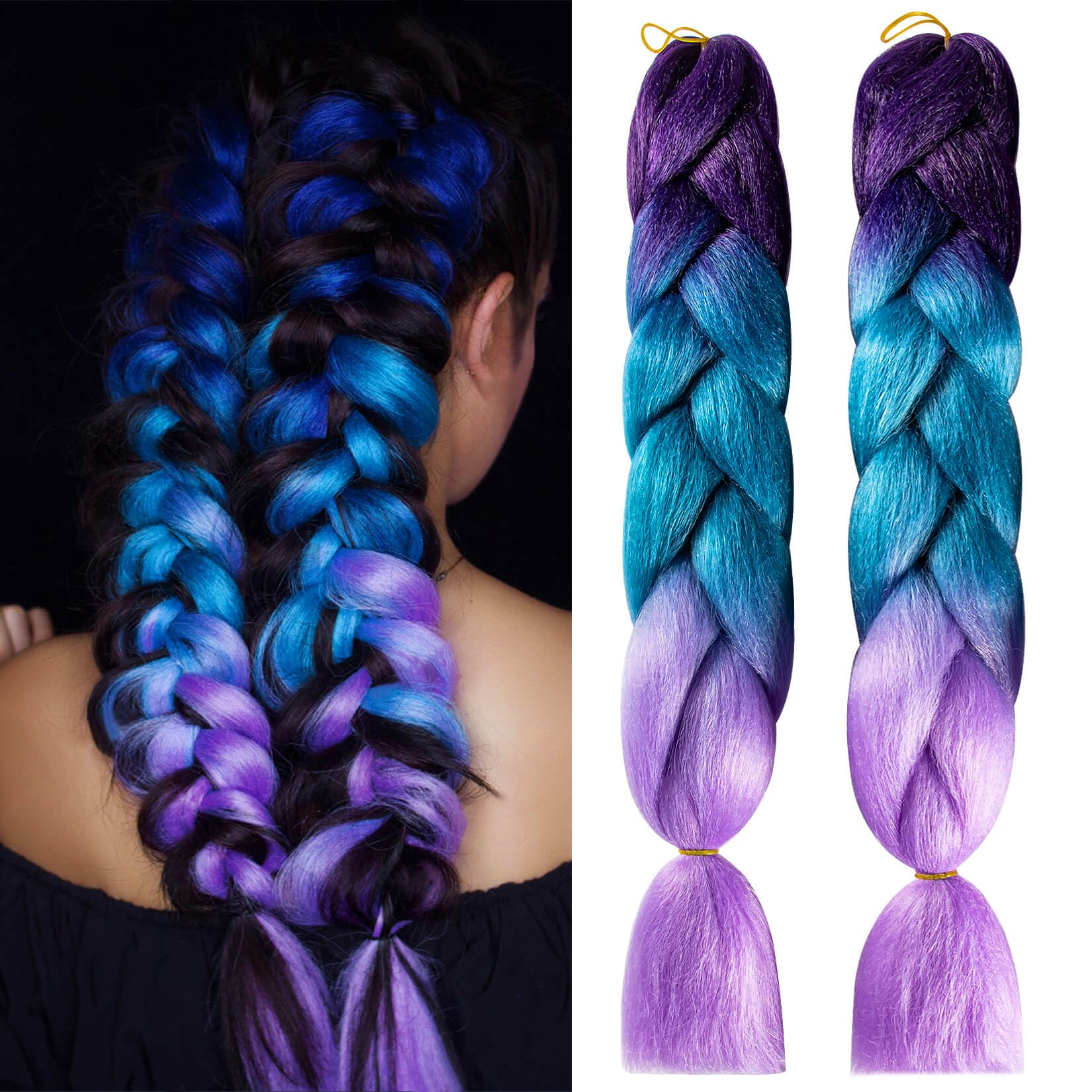 MAQIHAN 2 Pack Jumbo Braiding Hair - 24Inch purple-lake blue-light purple Braiding Hair Synthetic Hair Extensions Rainbow Braidi