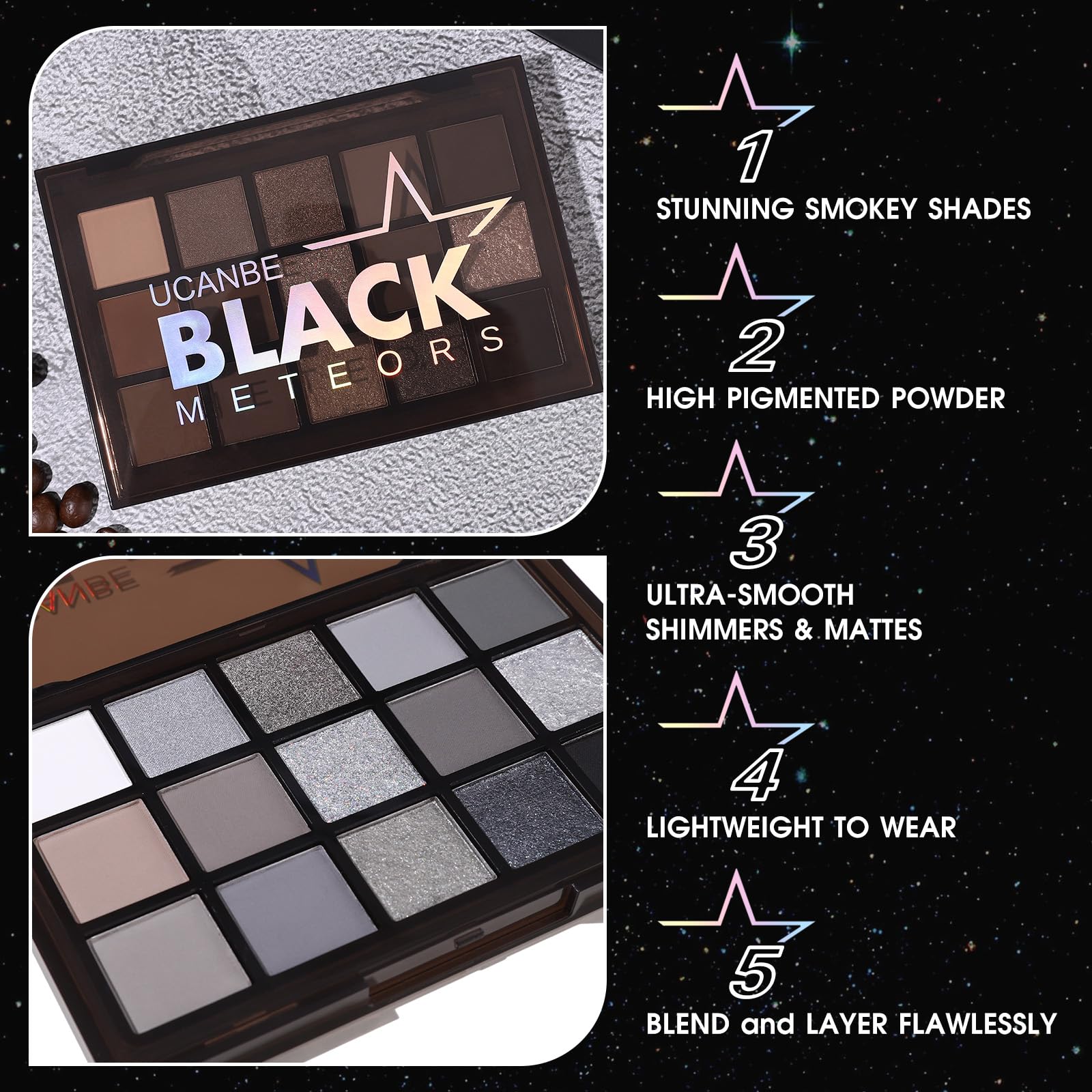 UCANBE Smokey Black Eyeshadow Palette, 15 Colors Dark Shimmer Matte Metallic Makeup Pallet, High Pigmented Gray Silver Sombras D