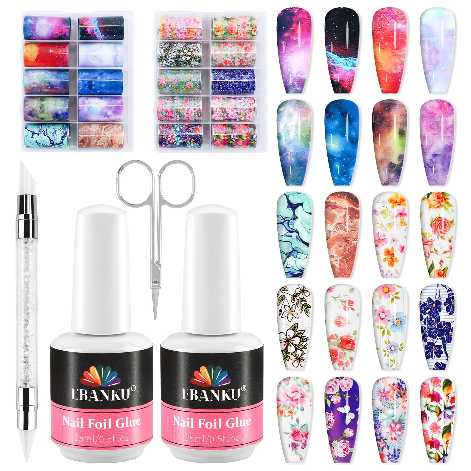 EBANKU Nail Foil Glue Gel, 20 Pcs Nail Art Foil with 30ML Nail Glue, Starry Sky Flower Stickers Transfer Foils Gels Polish Set f