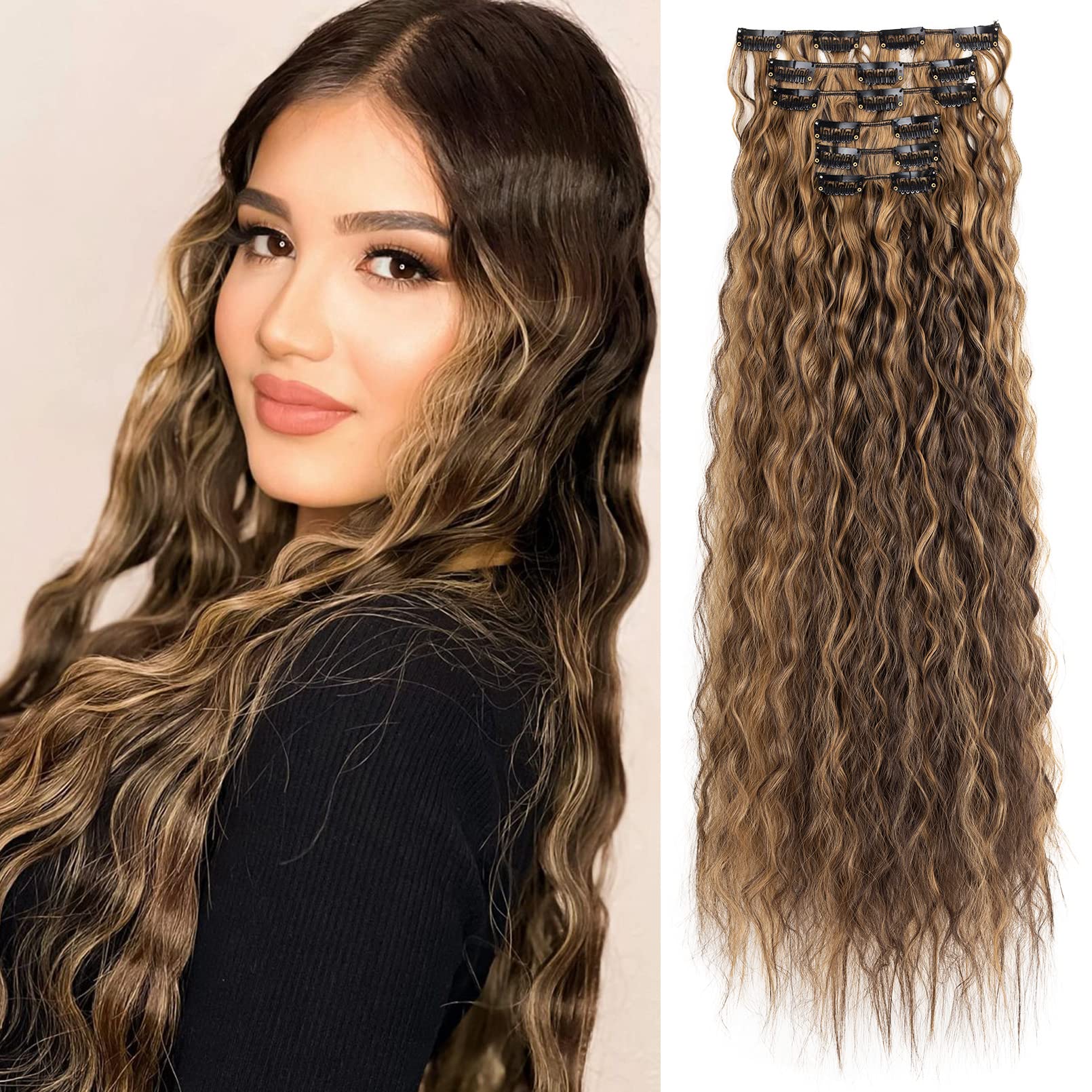 LONAI Clip In Hair Extensions, 6PCS Curly 24 '' Long Synthetic Clip On Hairpiece For Women-Chocolate Brown with Caramel Blonde H