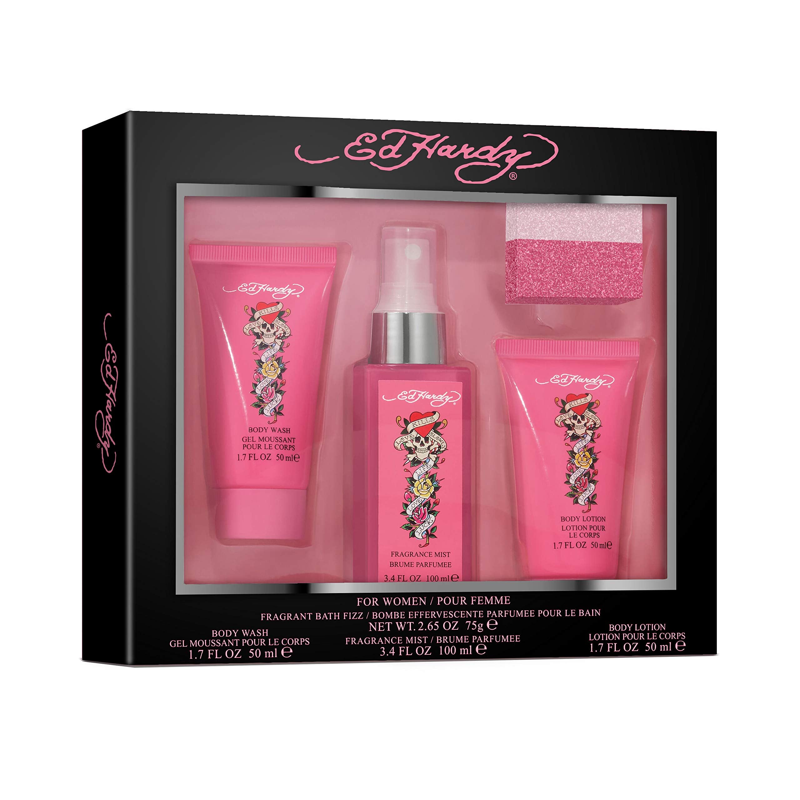 Ed Hardy Womens Perfume Fragrance Set, Body Lotion & Wash, Fragrance Mist and Bath Fizz, 4 Piece Bath Set