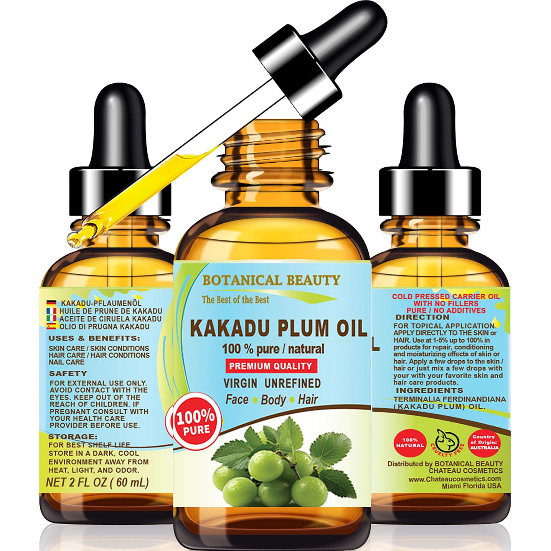 Botanical Beauty Australian KAKADU PLUM OIL 100% Pure Natural Virgin Unrefined Cold-pressed carrier oil 1 Fl oz 30 ml For Face, 