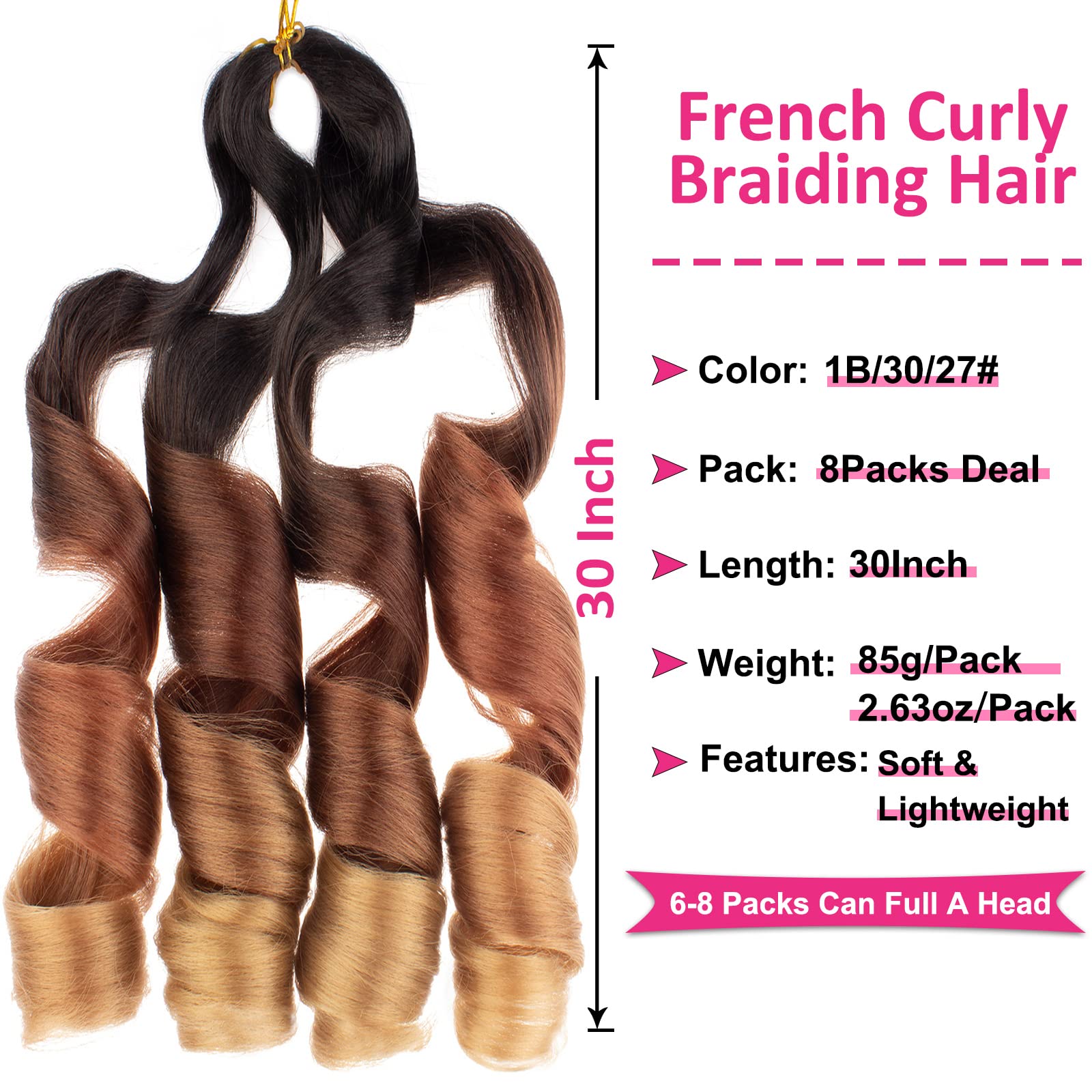 Unionbeauty 30 Inch French Curly Braiding Hair 8 Packs Pre-Stretched Braiding Hair Spanish Curl Braids Bouncy Loose Wavy Braidin