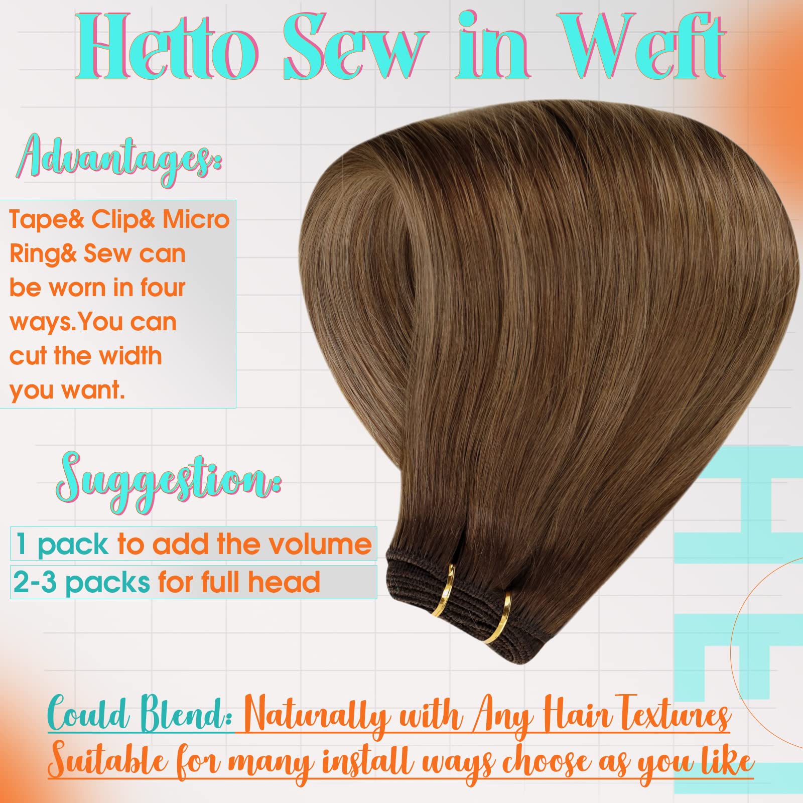 Hetto Ombre Sew in Weft Extensions #6/8/14 Brown to Light Brown Mix Dark Blonde Human Hair Weft 18 Inch Straight Weft Hair Exten