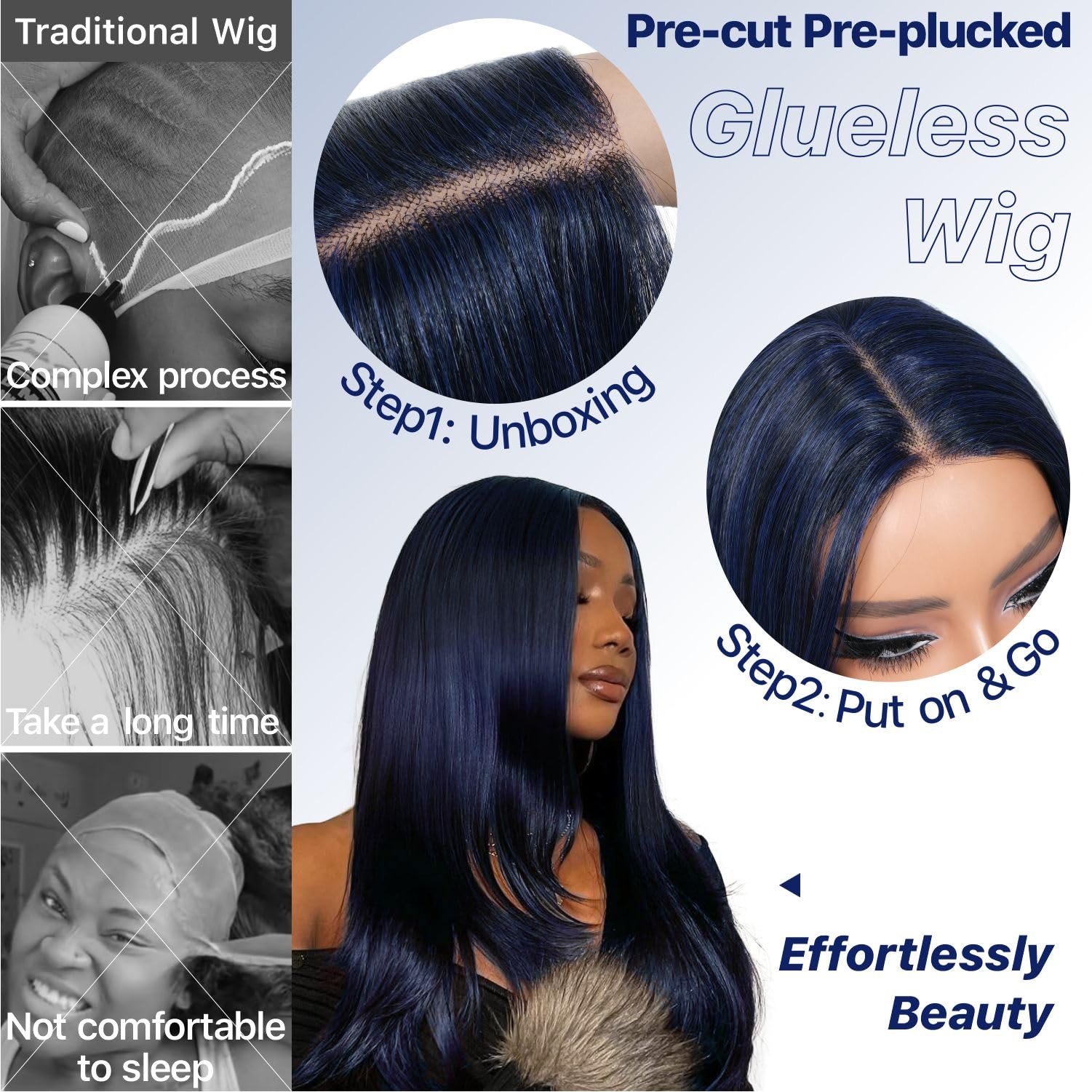 BrownBomb Dark Blue Wear and Go Glueless Wigs Pre Plucked Pre Cut for Beginners Synthetic Lace Front Wig for Woman Long layered