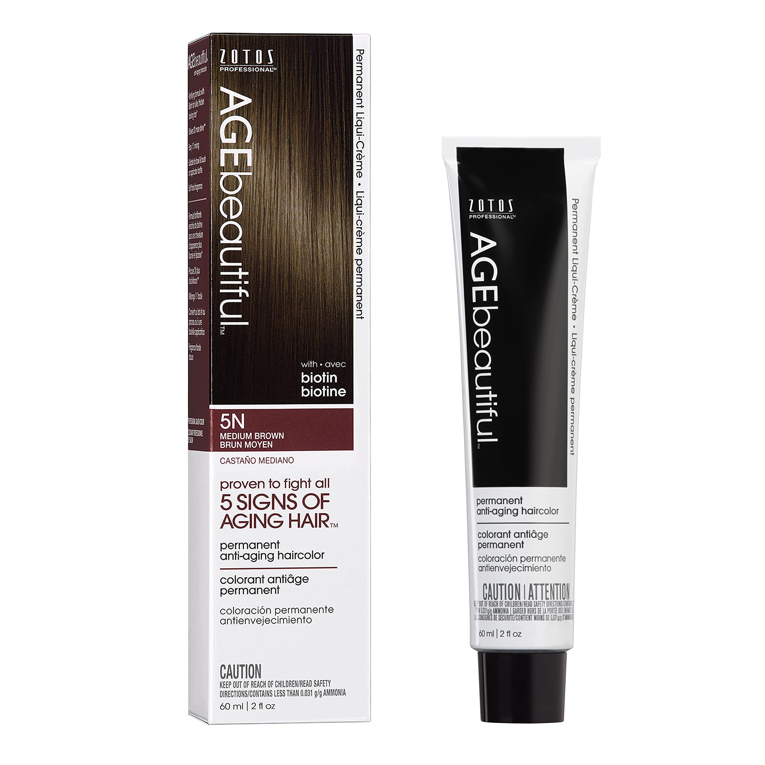 AGE beautiful Permanent Hair Dye 5N Medium Brown - Natural Brown Hair Color Cream with 100% Gray Coverage, Anti-Aging Biotin Formula for Thicker, Fuller Hair, Professional Salon Quality