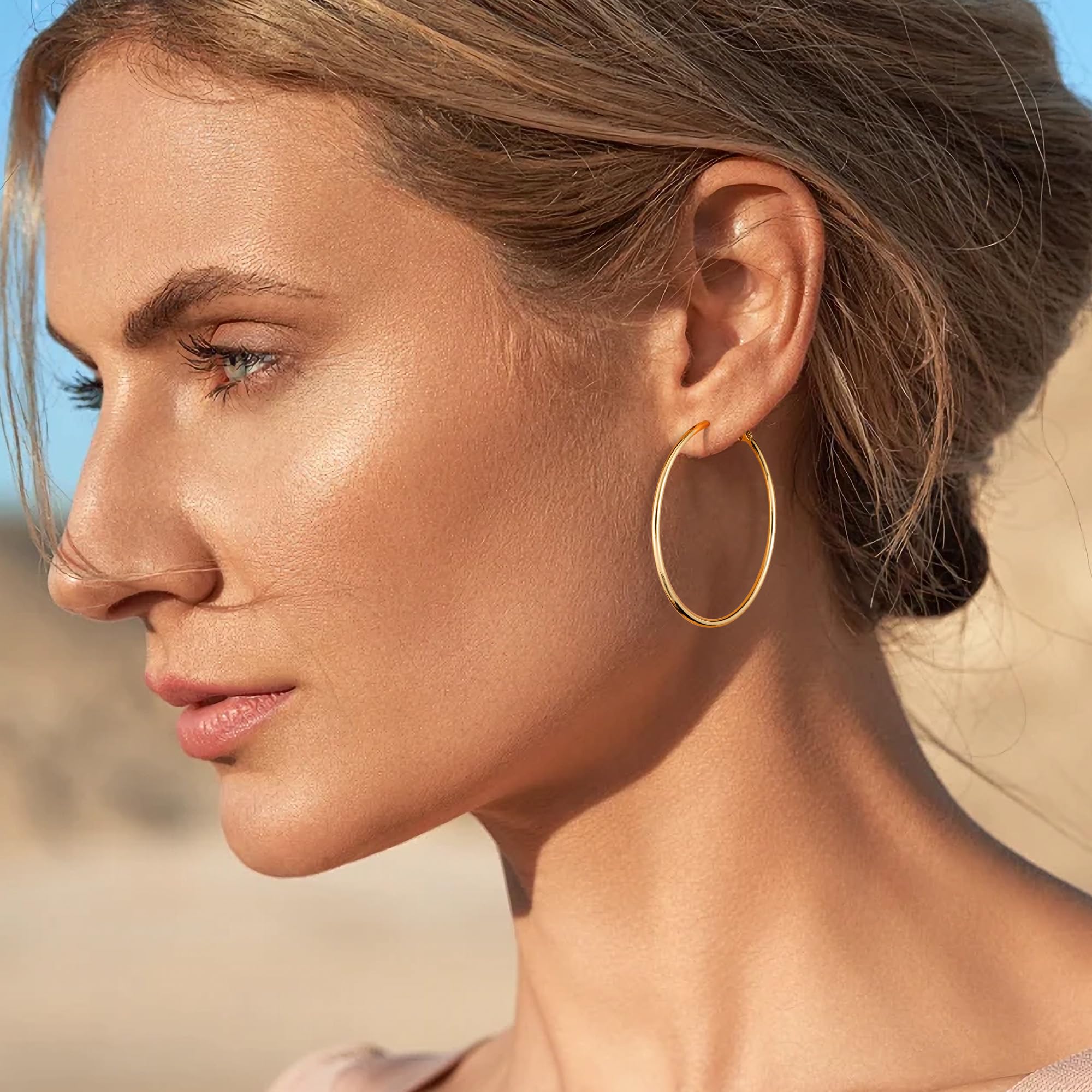 Gacimy Large Gold Hoop Earrings for Women 14K Gold Plated, 925 Sterling Silver Post Gold hoops for Women, 50mm Yellow Gold Big H