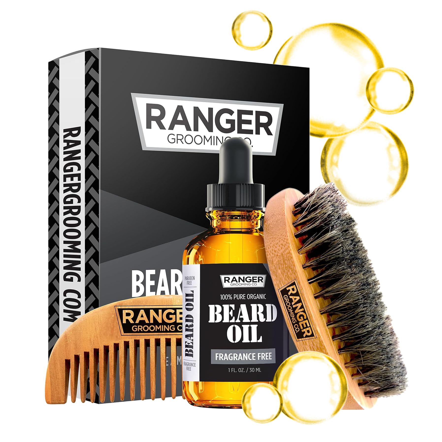 Beard Kit by Ranger Grooming Company by Leven Rose, 100% Organic Natural Fragrance Free Unscented Beard Oil, Boar Bristle Beard 