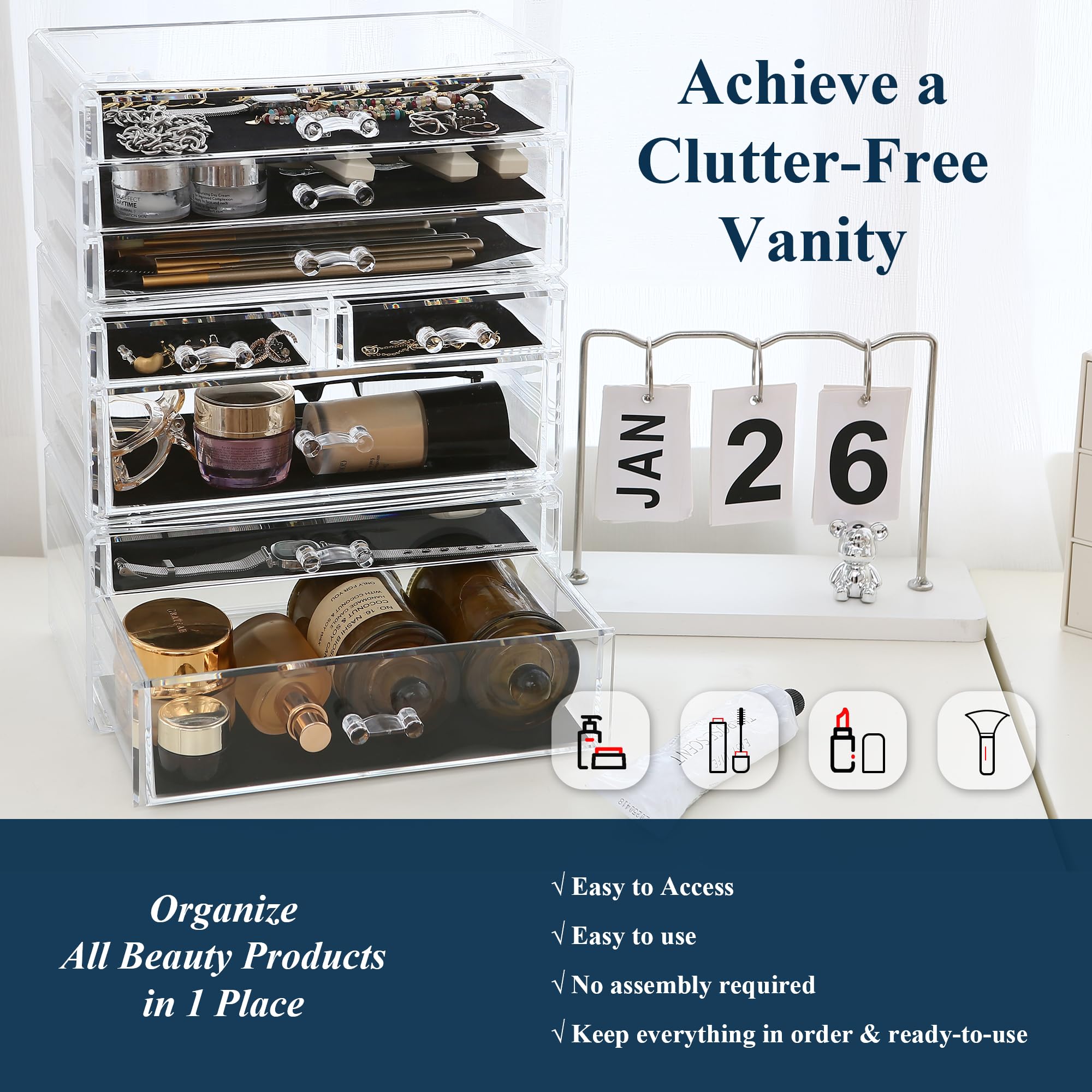 Sea Team 3-Tier Stackable Clear Makeup Organizer with Drawers, Acrylic Plastic Cosmetic Display Case, Jewelry Storage Box, Holde
