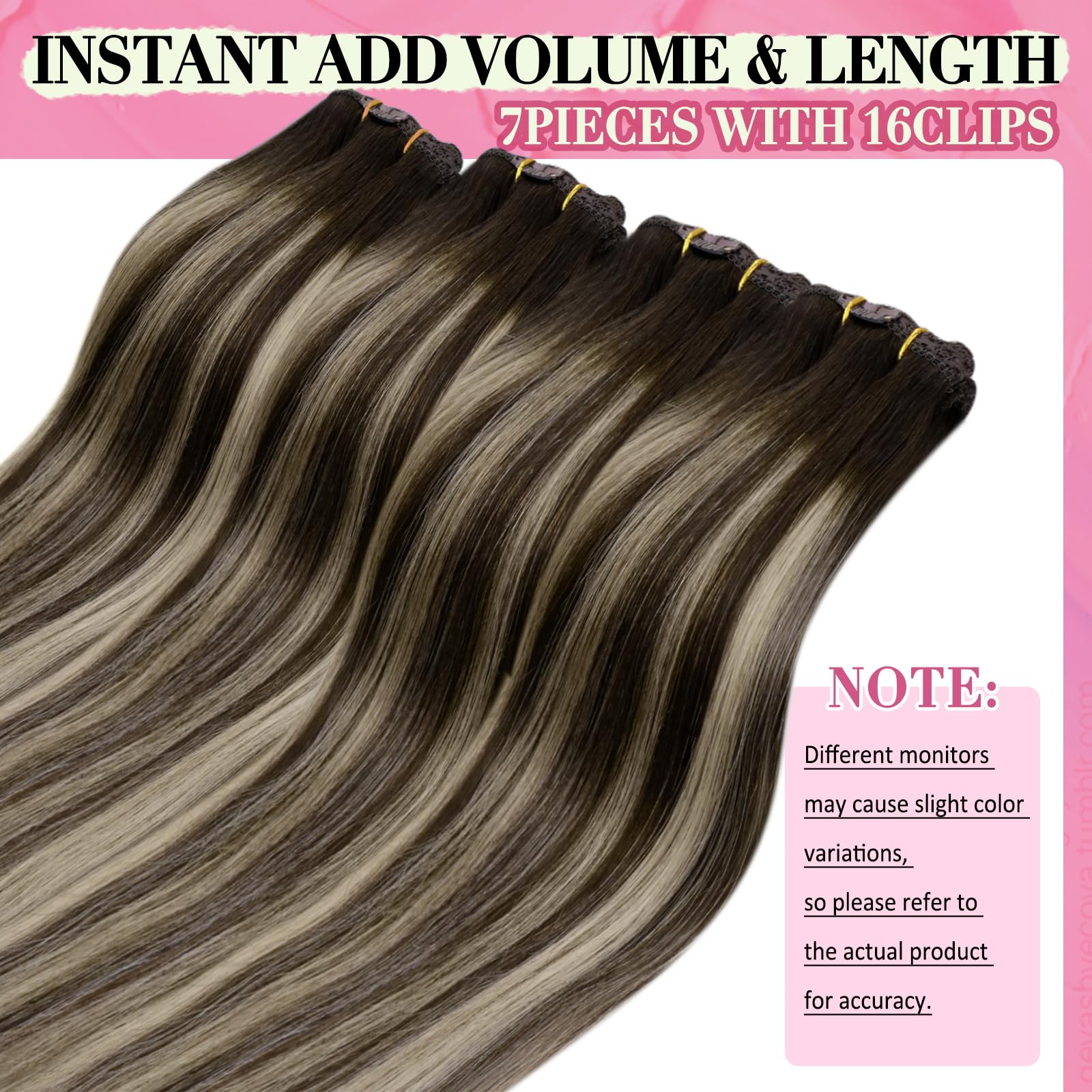 YoungSee Clip in Hair Extensions Human Hair Brown Balayage Hair Extensions Clip ins Chocolate Brown with Ash Blonde Balayage Sof