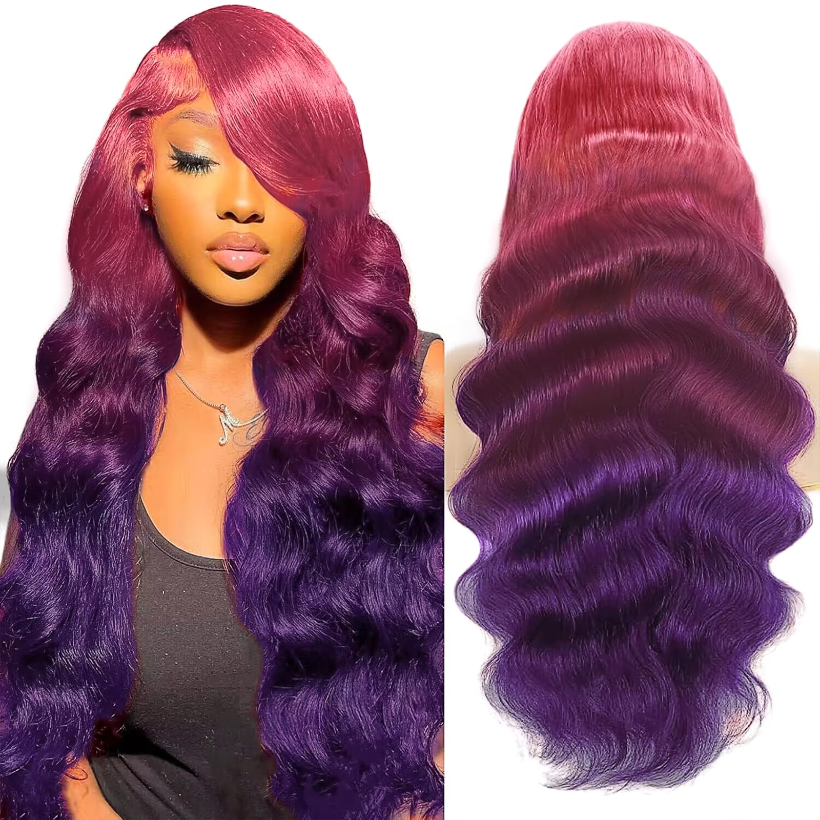 30 Inch Pink Ombre 13x4 HD Lace Front Wig Human Hair Body Wave 3 Tone Pink to Purple Glueless Wigs Dark Pink Root Rainbow Colore