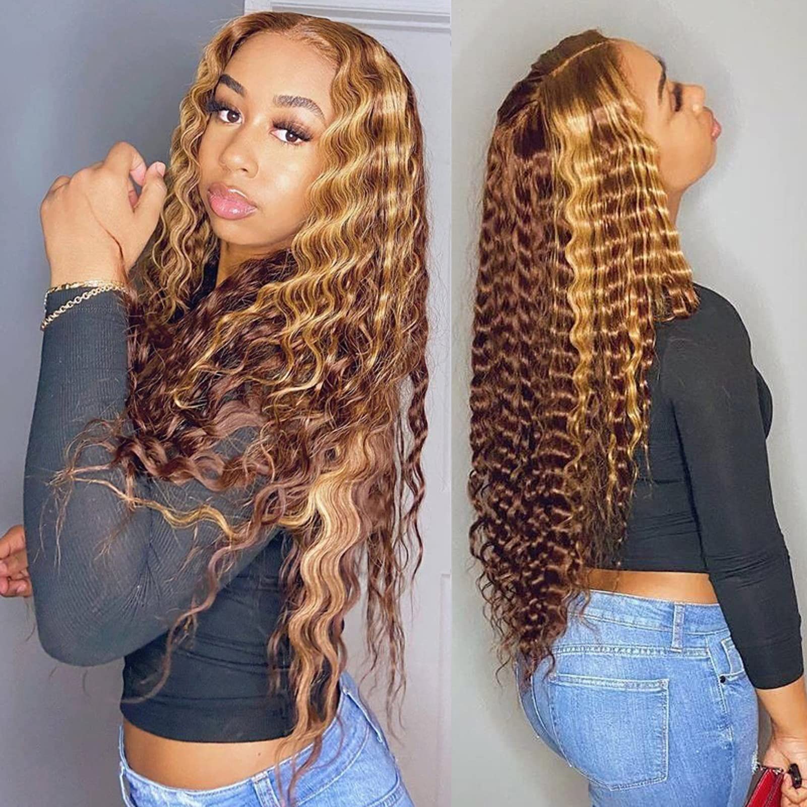 Bly Highlight Human Hair Lace Front Wigs Deep Wave #4/27 Ombre Colored Glueless Wigs Pre Plucked 28 Inch 4X4 Transparent Curly W