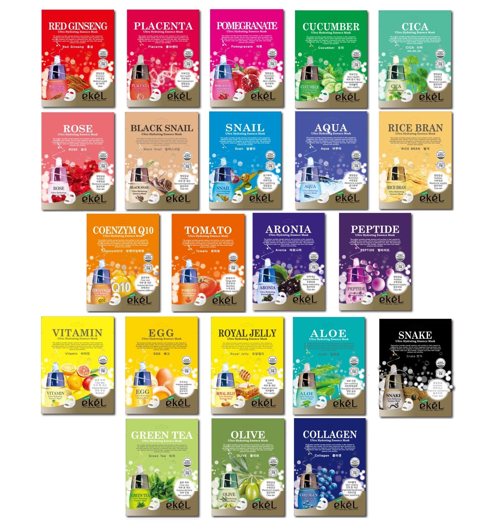 Ekel 22 Combo Pack Ultra Hydraying Essence Sheet Masks Full Face Facial Mask For All Skin Type Sheet Korean Face Mask
