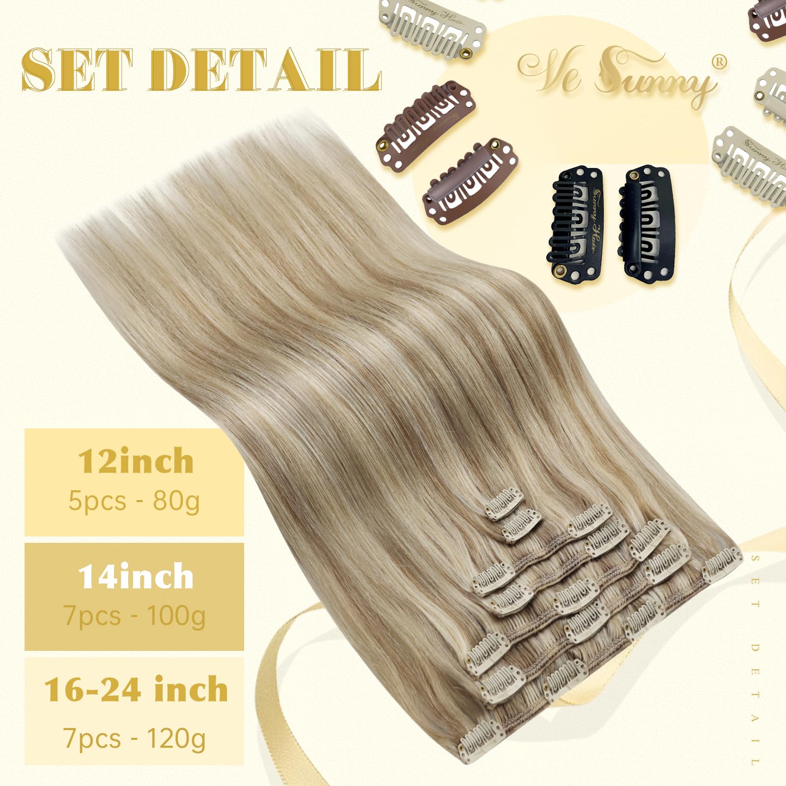 Ve Sunny 14 Inch Clip In Hair Extensions Human Hair Dark Golden Blonde Highlight Medium Blonde Double Weft Full Head Human Hair
