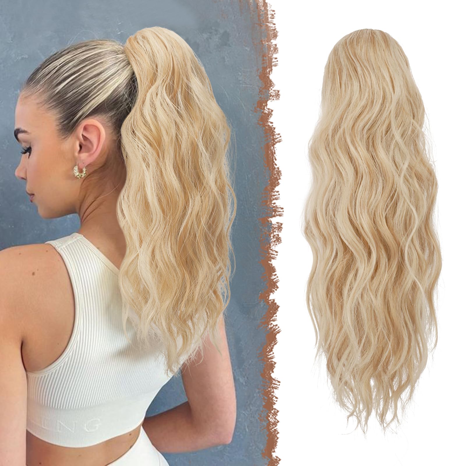 FESHFEN Ponytail Extensions, Drawstring Ponytails Hair Extension Honey Blonde Mix Platinum Blonde Long Curly Wavy Hair Piece Syn