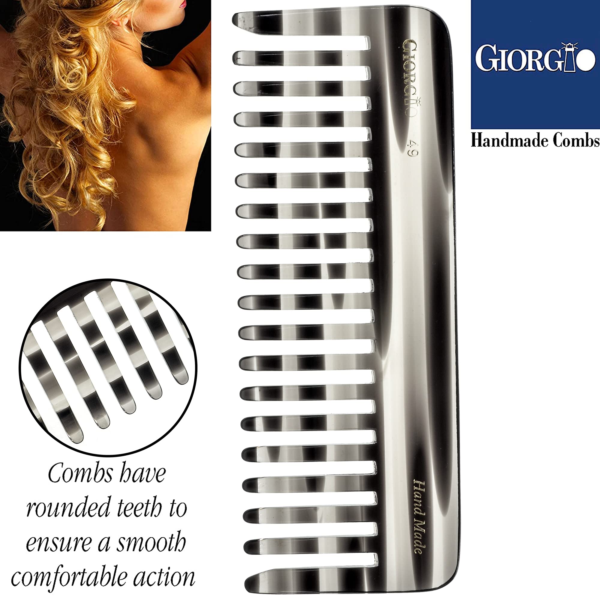 Giorgio G49 Graphite Large 5.75 Inch Hair Detangling Comb, Wide Teeth For Thick Curly Wavy Hair. Long Hair Detangler Comb For We