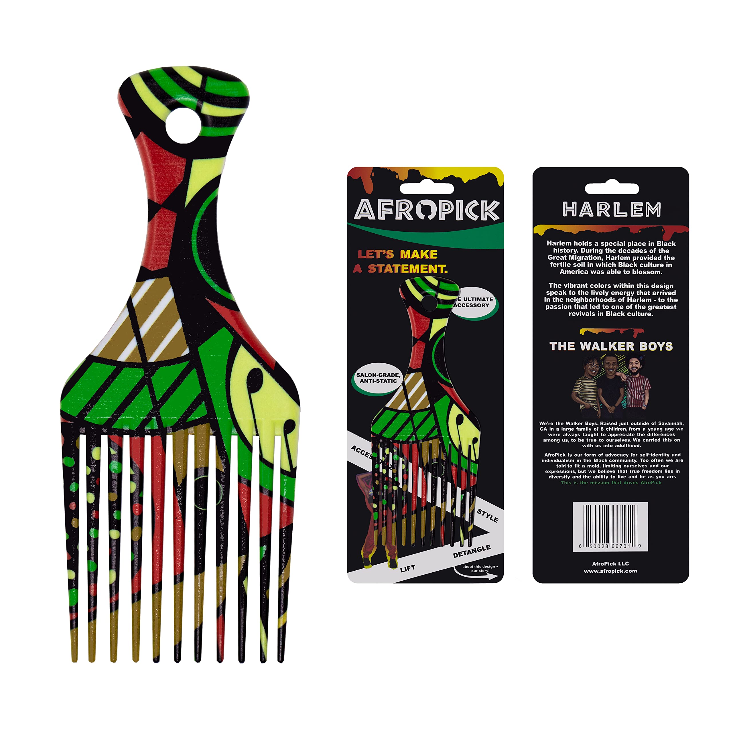 Afropick Anti-Static Plastic Black Hair Pick For Natural Curly Long Thick Hair- Afro Pick Comb For Men, Women- African Artist De