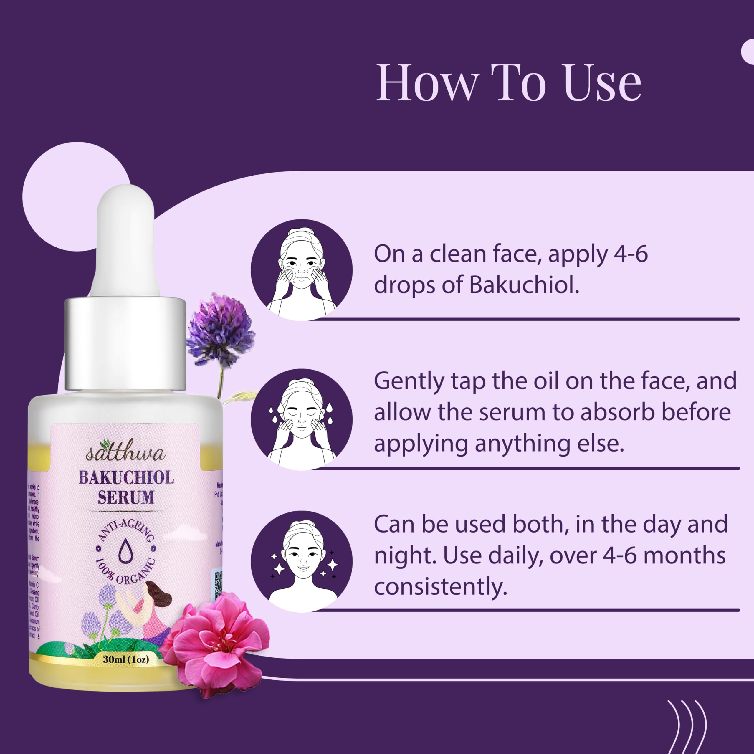 Satthwa Organic Bakuchiol Face Serum - Plumping, Anti-Aging and Reduces Wrinkles Fine Lines - Serum with Vitamin C, Ashwagandha