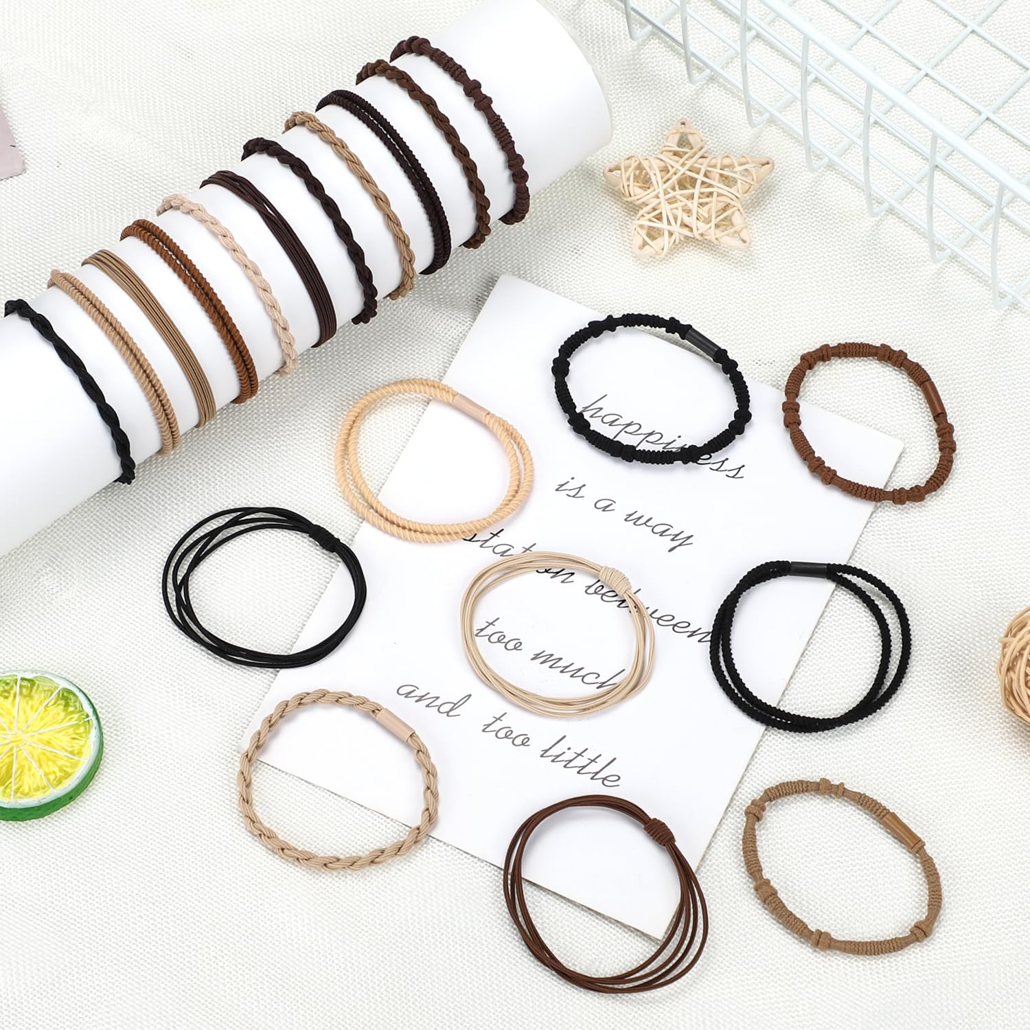 Wantgor Boho Hair Ties, 20 Pcs Hair Bands 4 Styles Neutral Hair Ties 2.36Inch Cute Ponytail Holders Elastic Boho Hair Bracelets