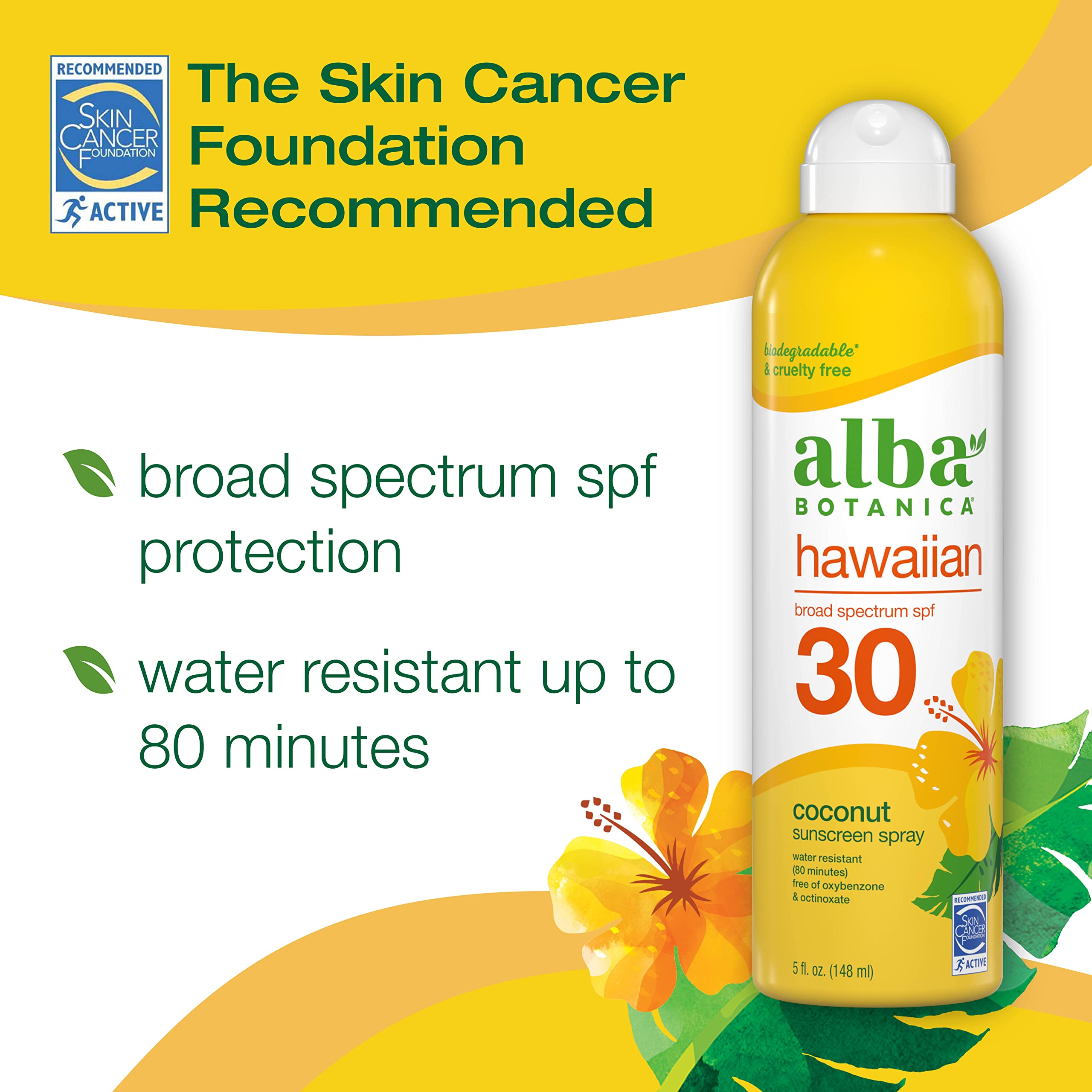 Alba Botanica Sunscreen Spray For Face And Body, Broad Spectrum Spf 30 Sunscreen, Hawaiian Coconut, Water Resistant And Biodegra