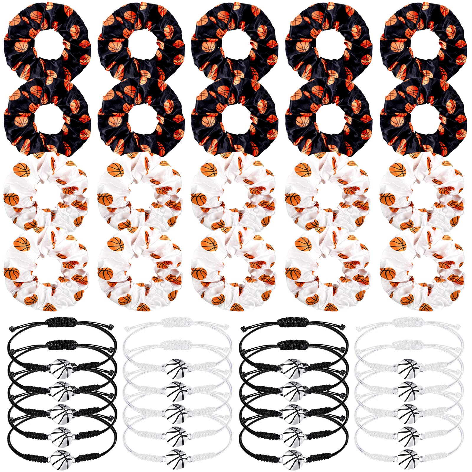 40 Pcs Basketball Accessories Set - 20 Adjustable Bracelets and 20 Elastic Hair Scrunchies - Sport Gifts for Girls, Teens, Playe