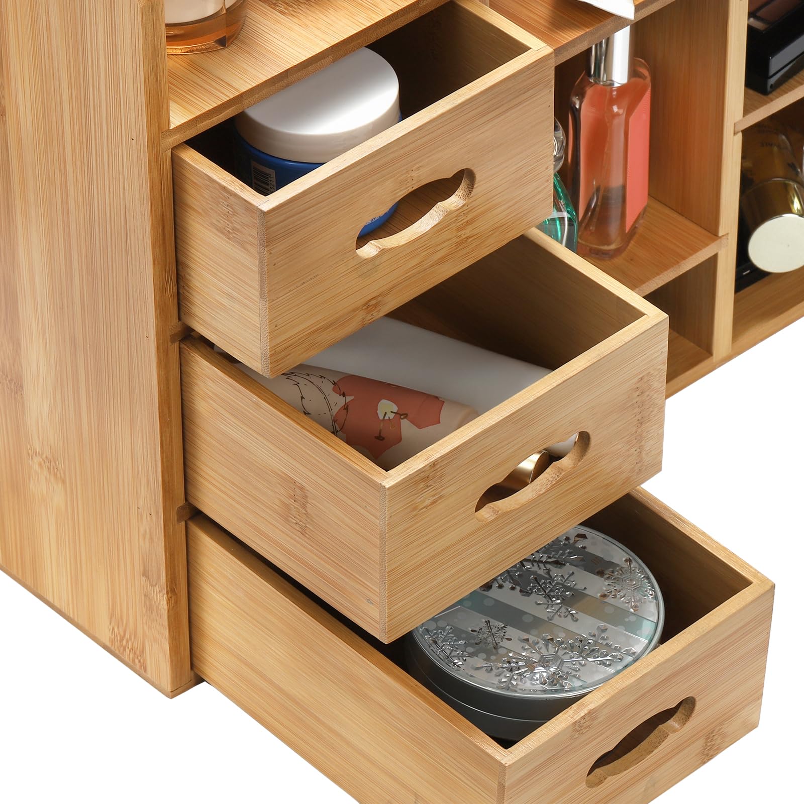 Coloch Bamboo Makeup Cosmetics Organizer with Drawers, Multifunctional Dresser Top Makeup Storage Tabletop Organizer Shelf for D