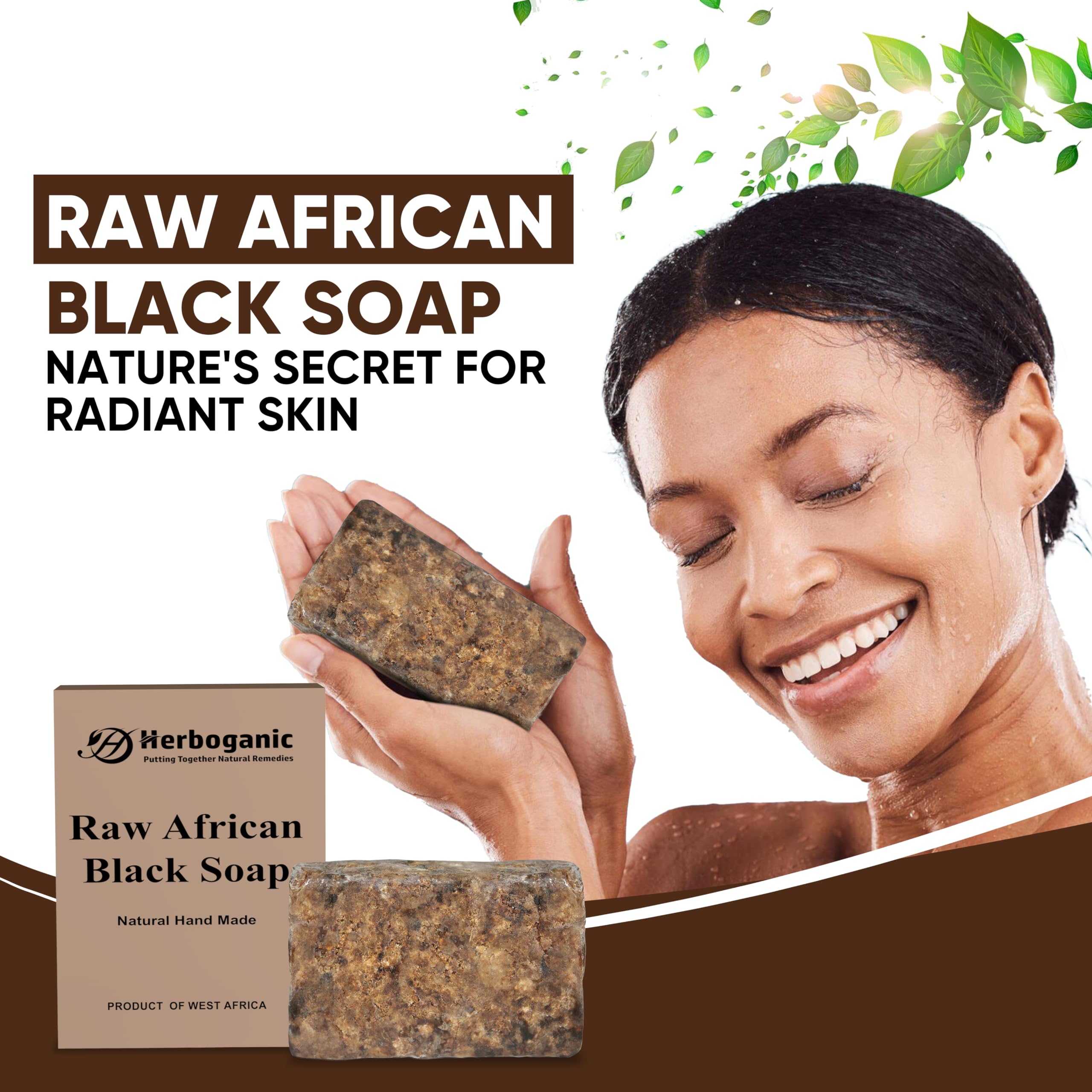 HERBOGANIC Raw African Black Soap Bar - 6 oz - 100% Pure and Organic | Natural Black African Soap bar for acne, Eczema, blackhea