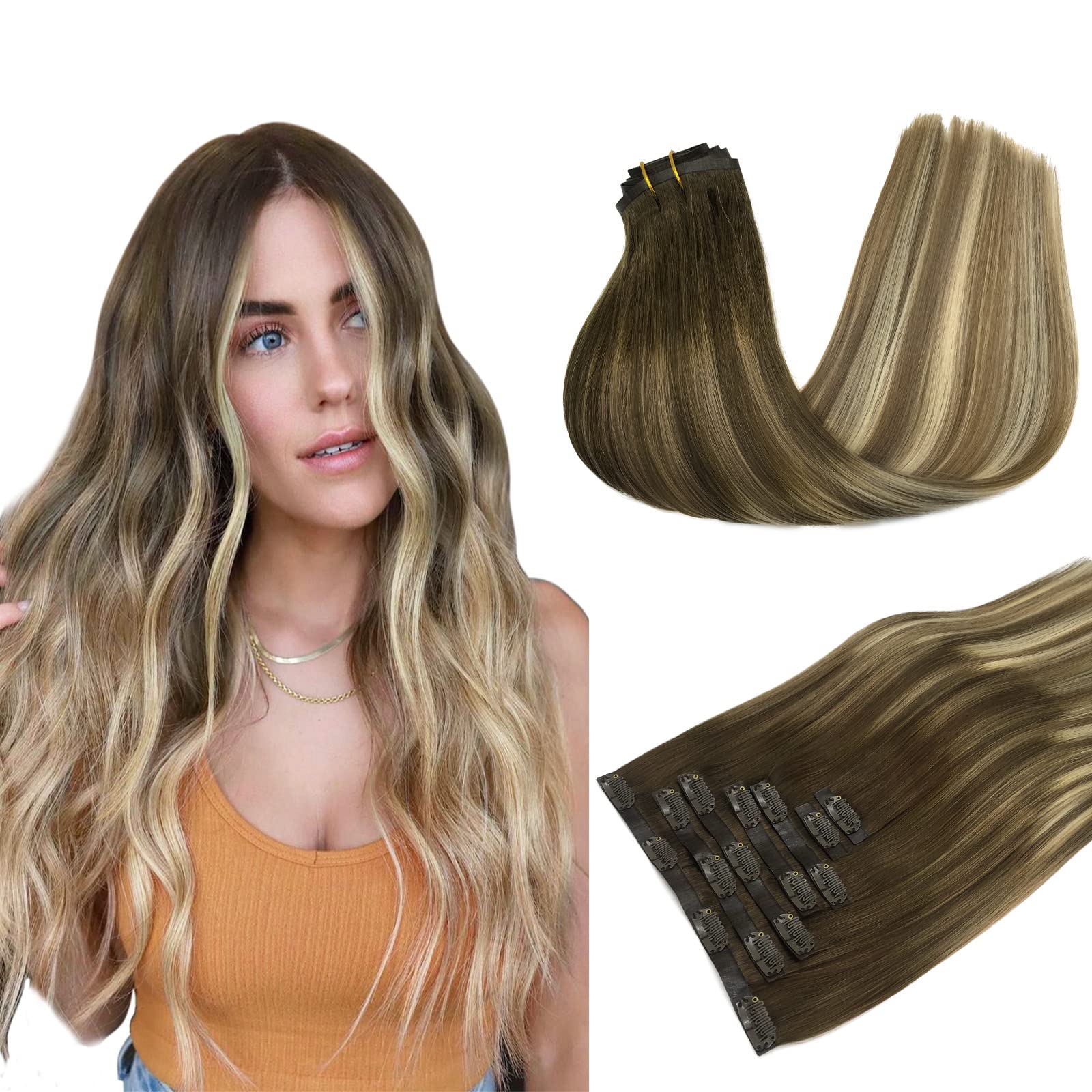 Clip in Hair Extensions Real Human Hair, 7pcs 110g Balayage Walnut Brown to Ash Brown and Bleach Blonde 16 Inch, Seamless Hair E