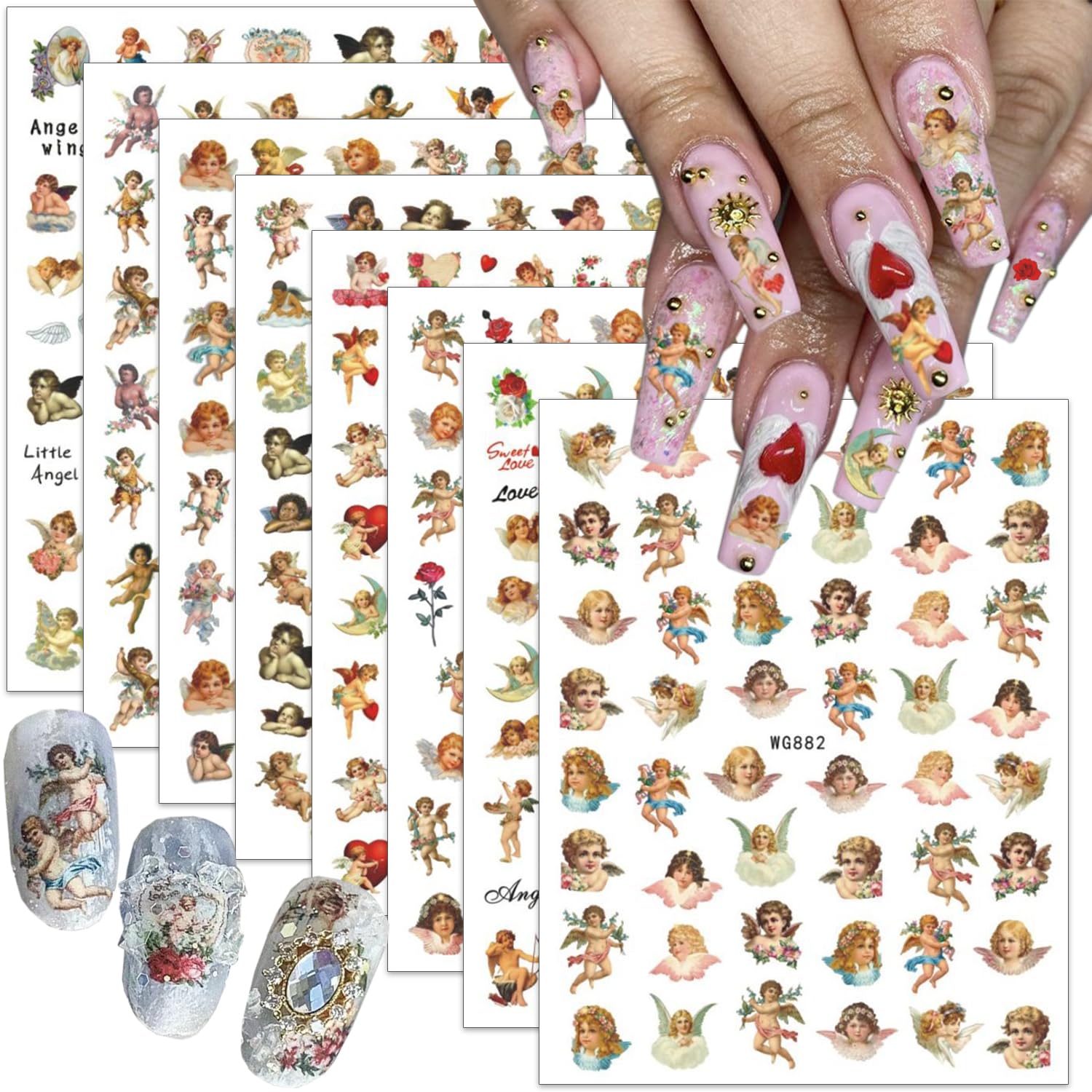 Cupid Angel Nail Stickers for Nail Art 8Sheets 3D Self Adhesive Cupid Nail Decals Valentines Day Angel Rose Flower Design Nail A
