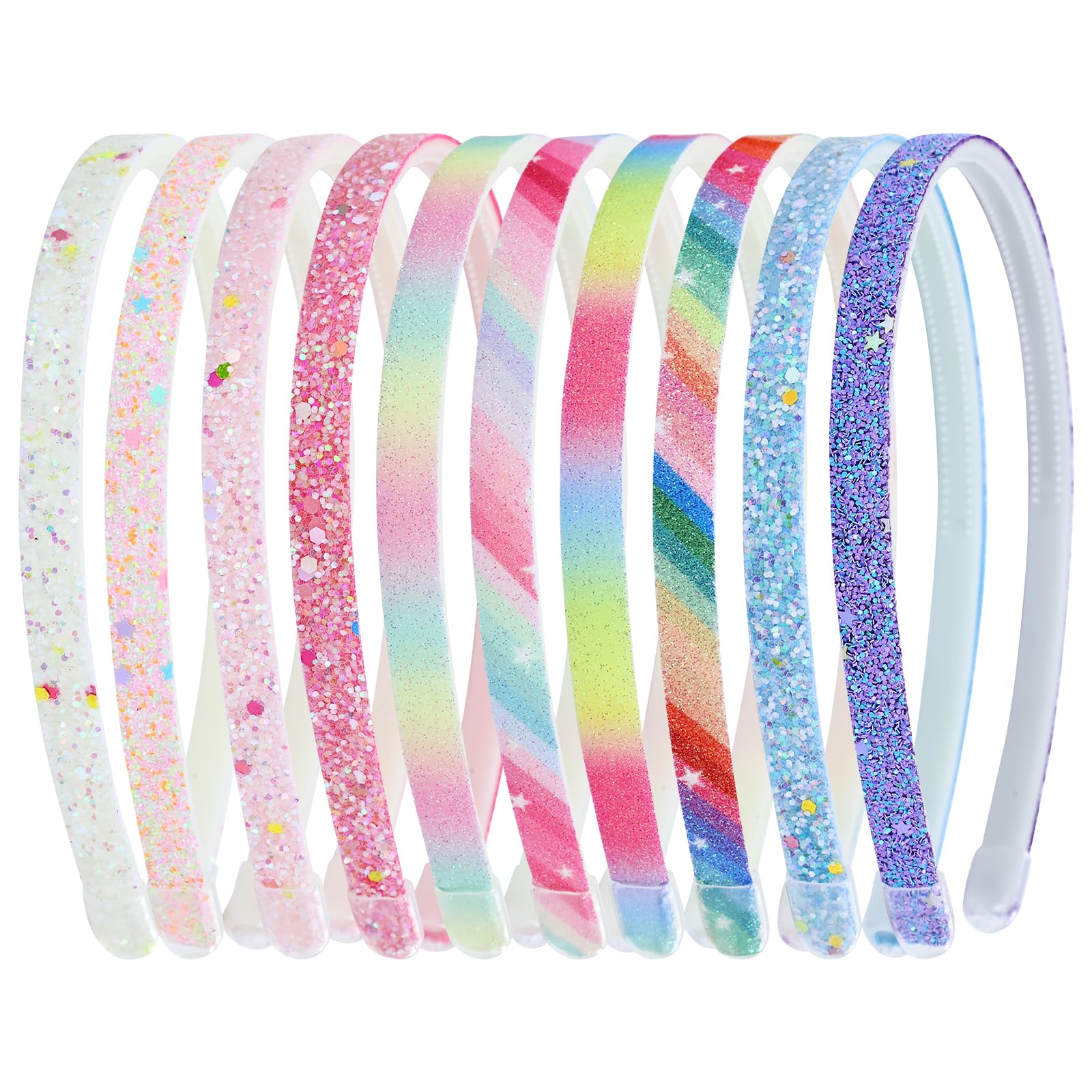 Cinaci 10 Pieces Colorful Glitter Sequin Elastic Plastic Headbands with Mini Teeth Thin Rainbow Hair Bands Accessories for Toddl