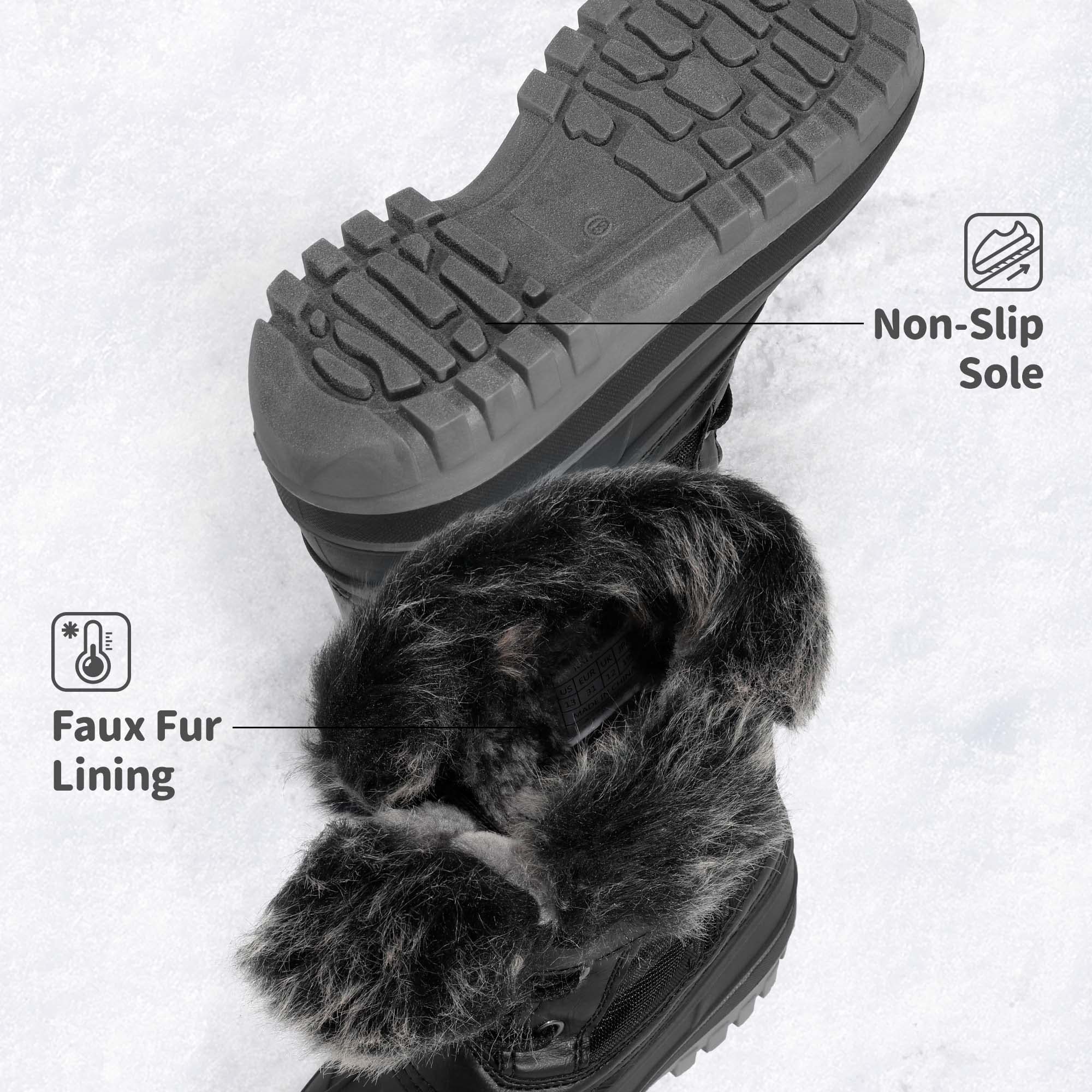 Dream Pairs Boys Black Faux Fur-Lined Insulated Waterproof Winter Snow Boots Kriver-3 Size 11 Little Kid