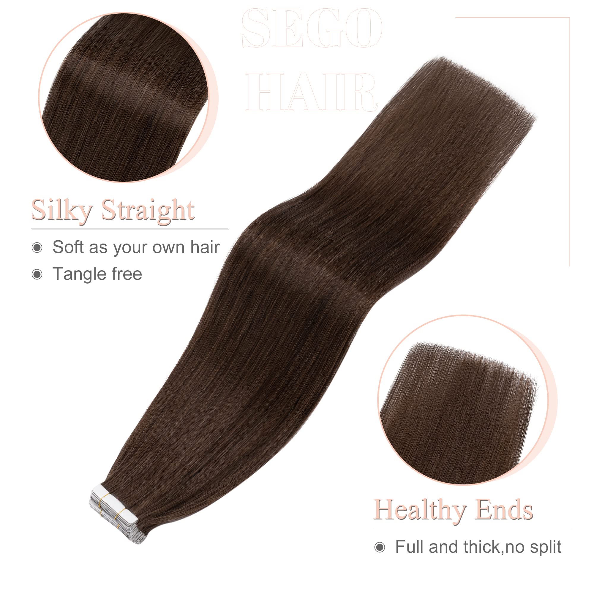Sego 20 Inch Tape In Hair Extensions Human Hair 100G 40Pcs Straight Natural 100% Remy Rooted Seamless Skin Weft Invisible Double