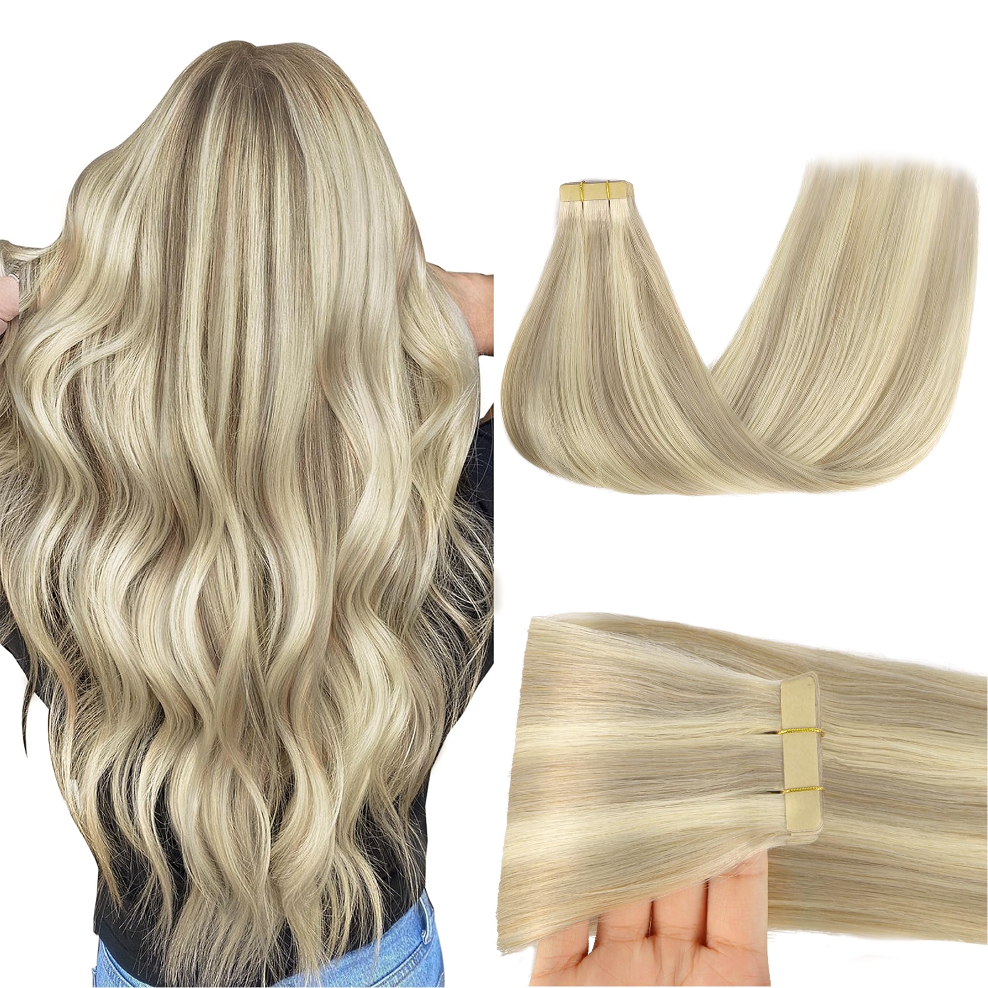 Goo Goo Tape In Hair Extensions Human Hair, 17A/60A Ash Blonde Highlighted Platinum Blonde, 20Inch 50G 20Pcs, Thick Ends Straigh