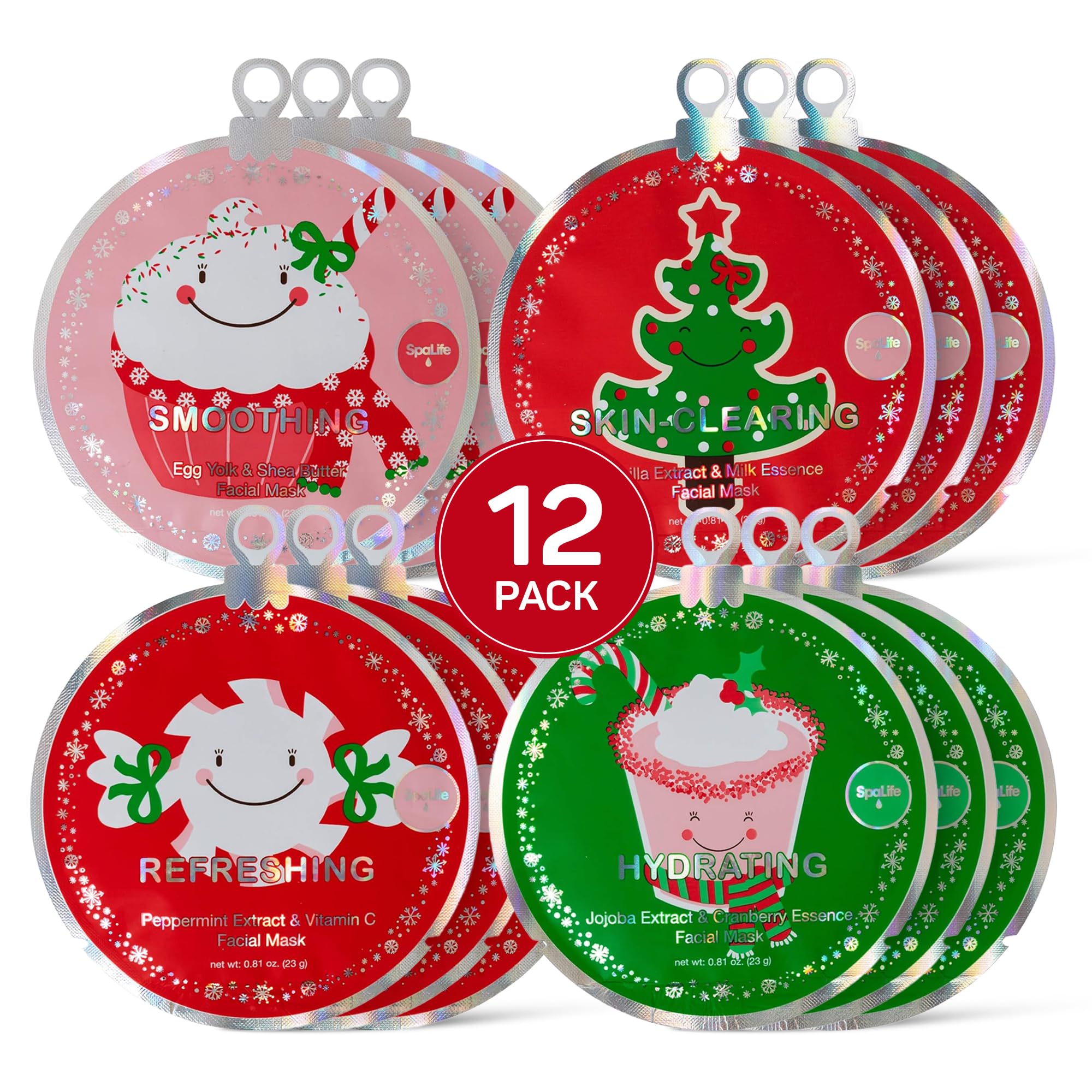 Spalife Christmas Stocking Stuffer Facial Masks 12-Pack - Hydrating, Smoothing, And Refreshing Skin-Clearing Face Sheet Masks -