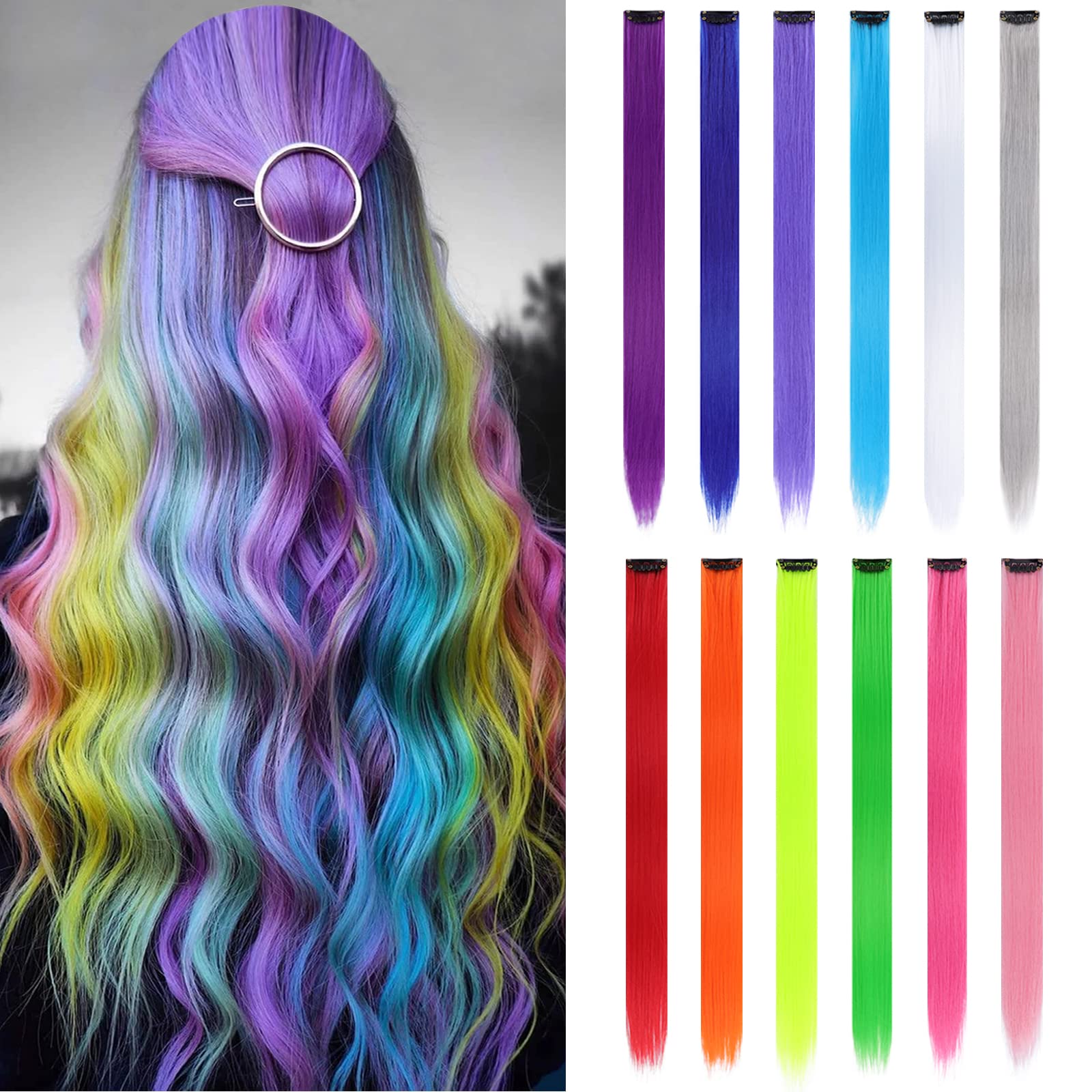 12 Pack Colored Hair Extensions Rainbow Hairpieces Party Highlights 22 Inches Colorful Clip in Hair Extensions Straight Syntheti