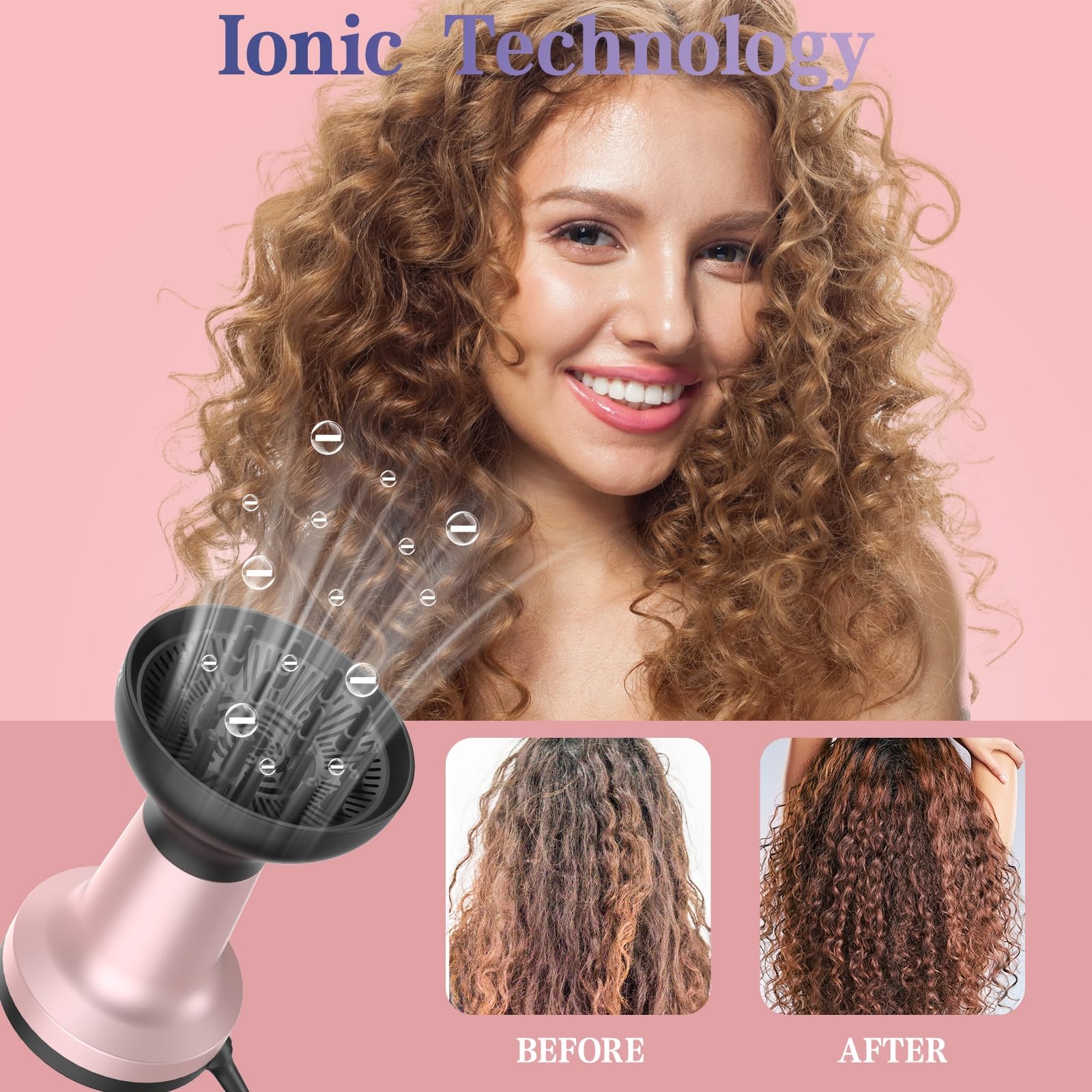 2 In 1 Diffuser Hair Dryer For Curly Hair: Portable 1875W Ionic Hair Dryer W/Diffuser & Comb Nozzle Attachment, Enhances Curl Wa