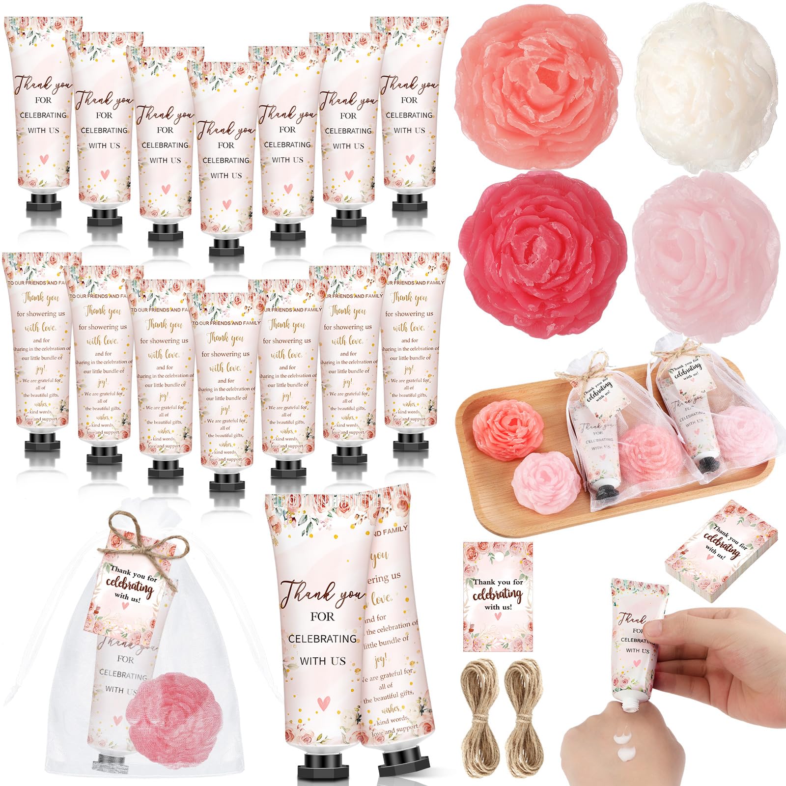 Dimsile 50 Pcs/25 Sets Floral Baby Shower Favors for Guests Hand Creams Rose Flower Shaped Soaps Bridal Shower Gifts Bulk with O
