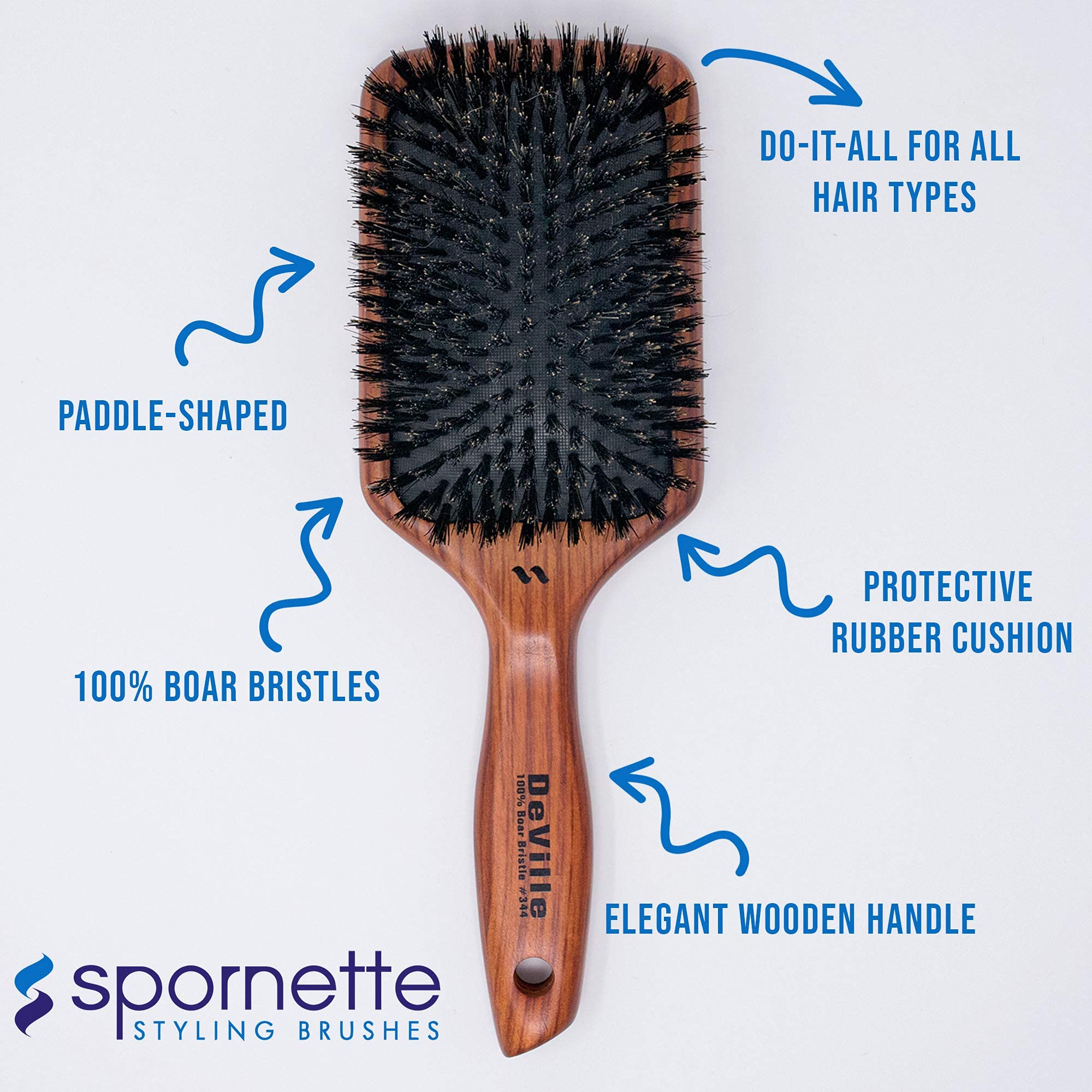 Spornette Deville Cushion Paddle Brush, Boar Bristle Hair Brush with Wooden Handle - For Straightening, Smoothing, Detangling, S