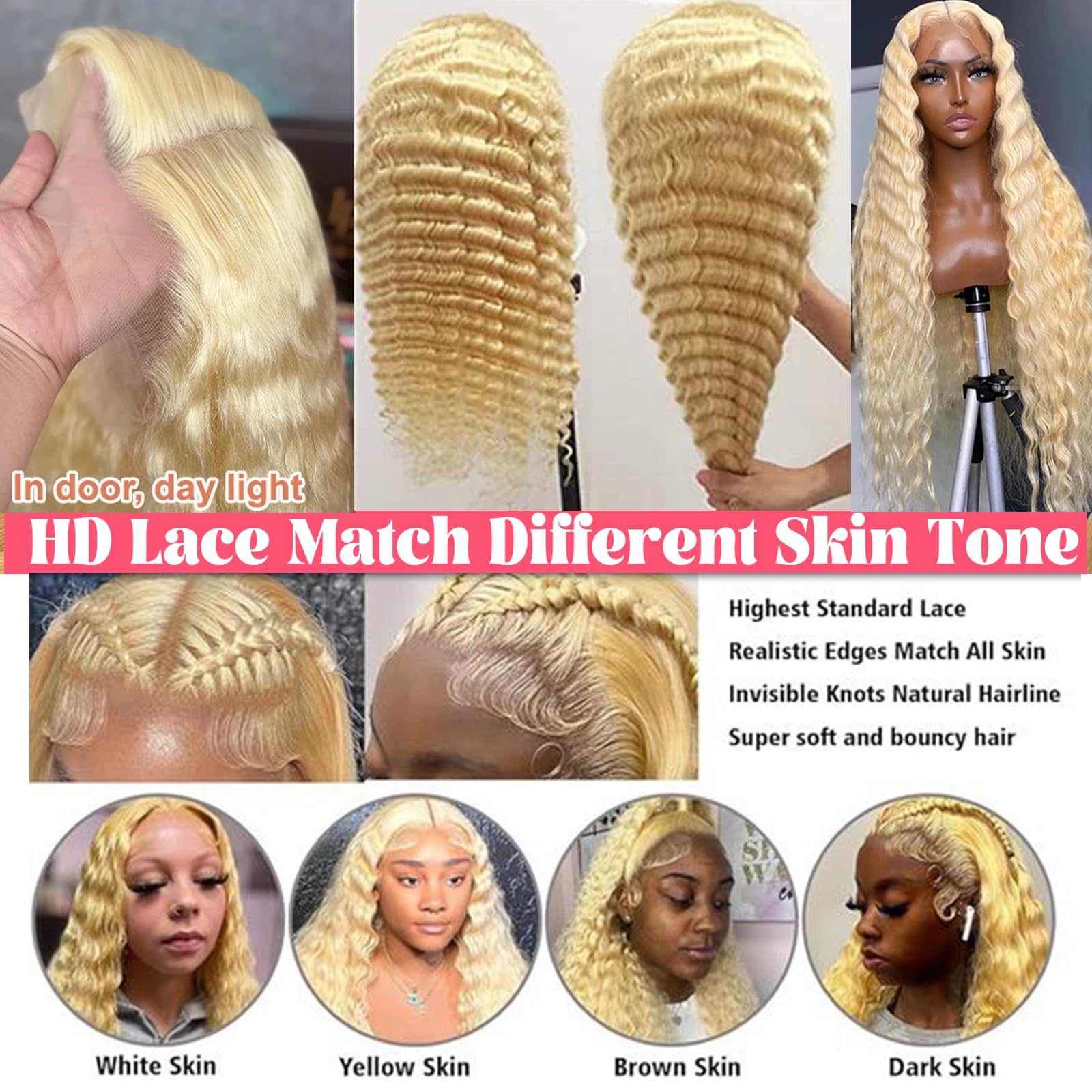 13X4 Hd Blonde Lace Front Wigs Human Hair, Pre Plucked 150 Density 613 Deep Wave Lace Front Wigs Hd Transparent Undetectable Mel