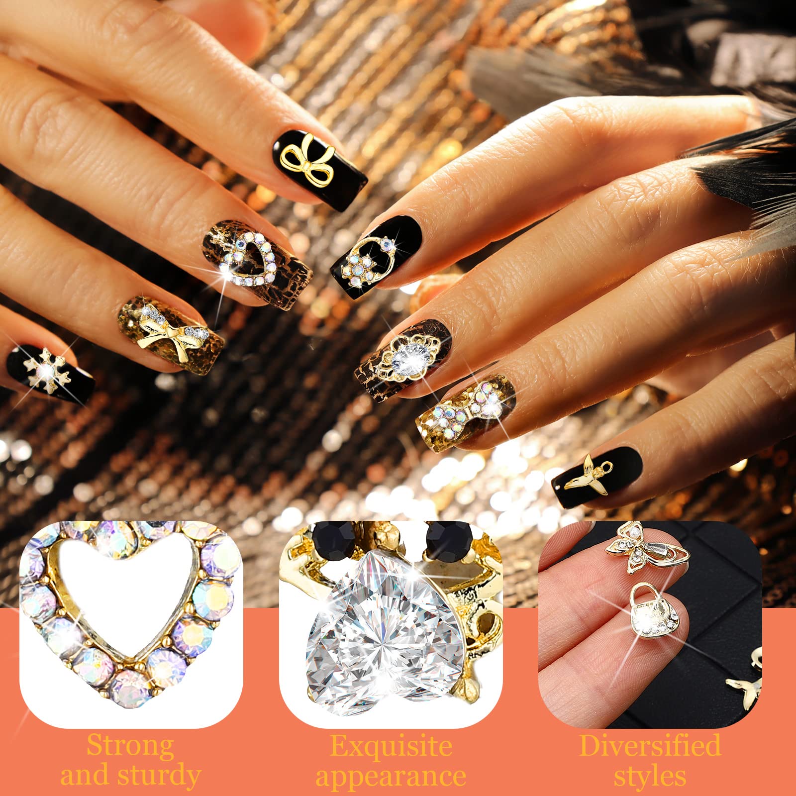 100 Pcs Gold Nail Charms For Acrylic Nails Gold Nail Rhinestones 3D Nail Charms Heart Nail Gems Luxury Decor Diamonds For Nail A