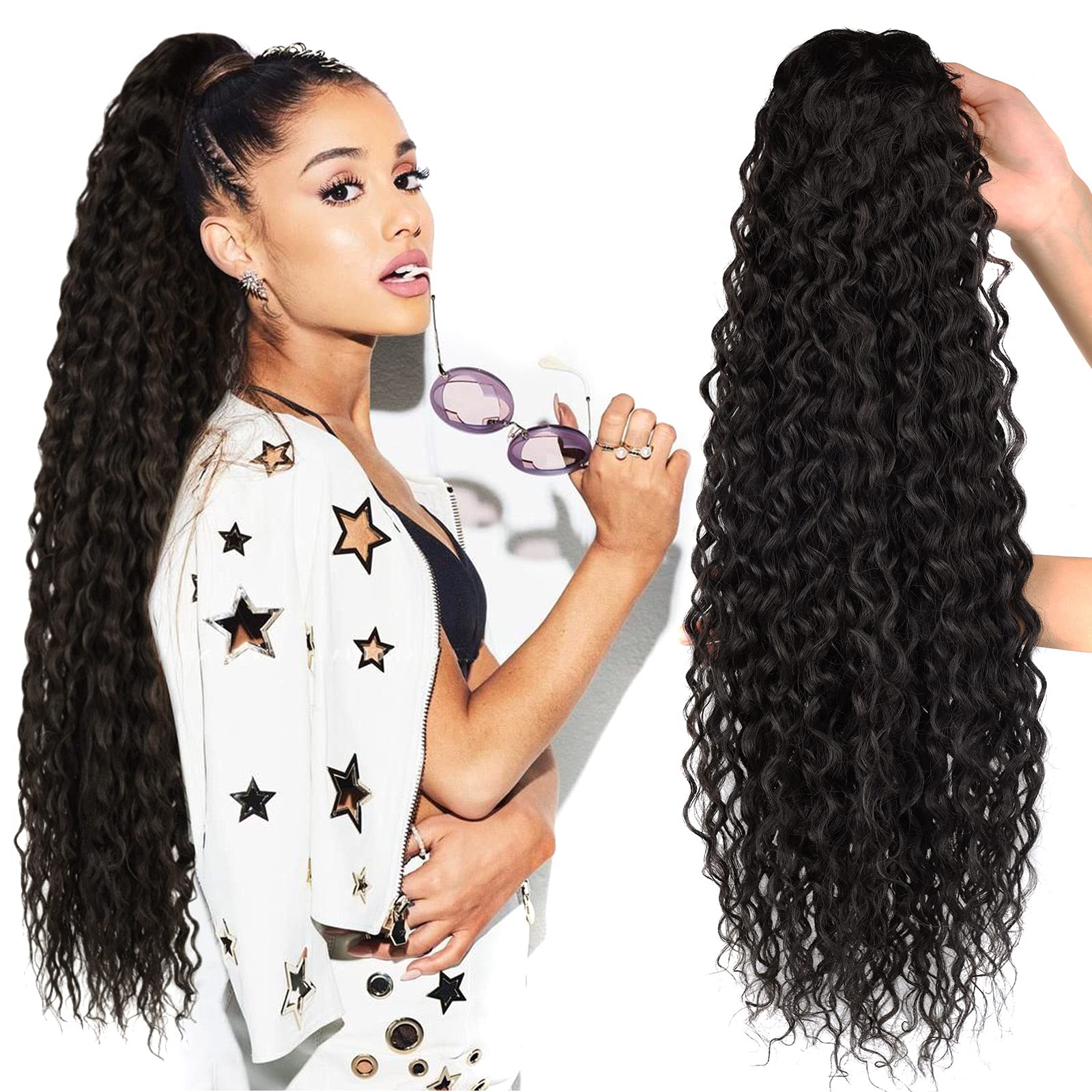 Long Curly Drawstring Ponytail Extension 24Inch Corn Wave Clip in Ponytail Extensions Synthetic Hairpiece for Black Women (4#)