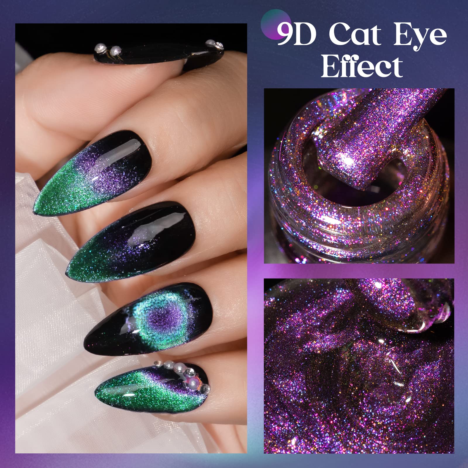 Mizhse 9D Cat Eye Gel Nail Polish, 2 Colors Cyan And Purple Holographic Galaxy Cateye Magnetic Nail Polish Gel, Magic Cateye Man
