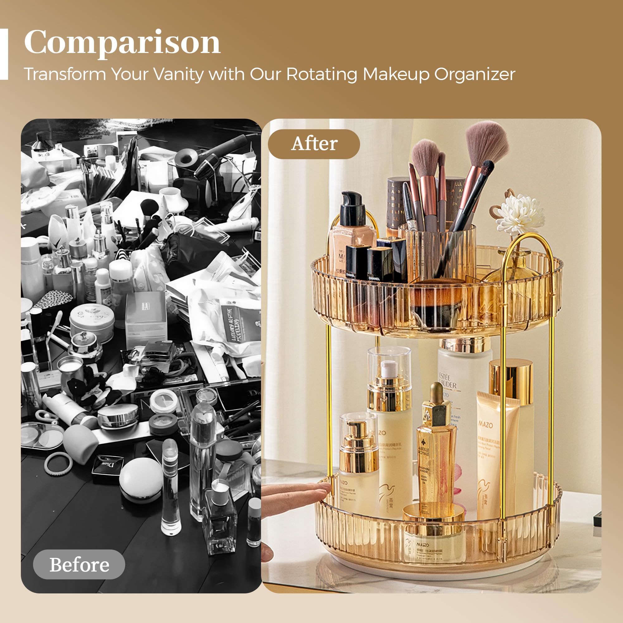 Aveniee 360 Rotating Makeup Organizer For Vanity, Upagraded Perfume Skincare Bathroom Counter Organizers With Brush Divider, Two