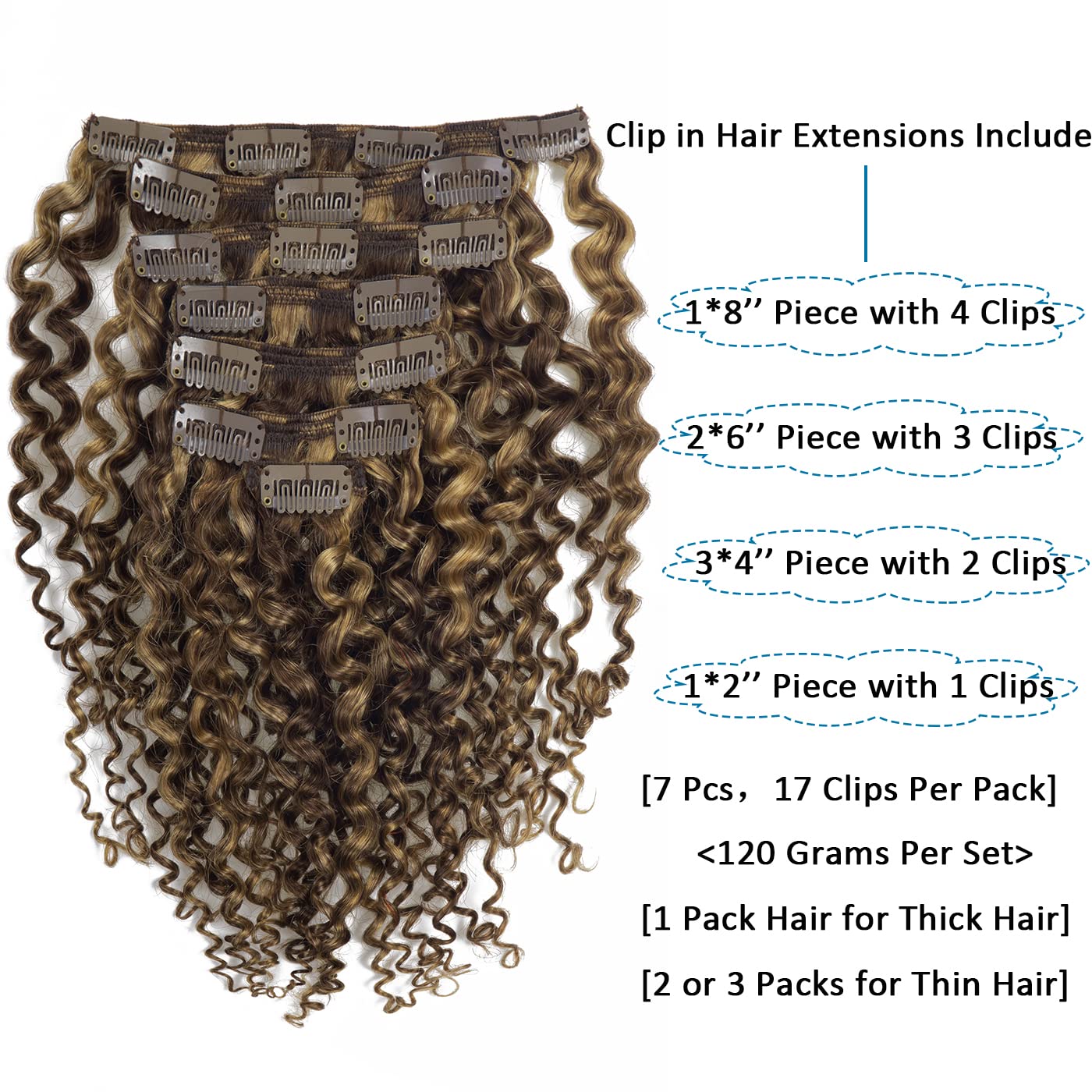 Caliee Curly Clip In Hair Extension 3B 3C Jerry Curly Full Head 20Inch Real Remy Human Hair Extensions Highlight Piano Dark Brow