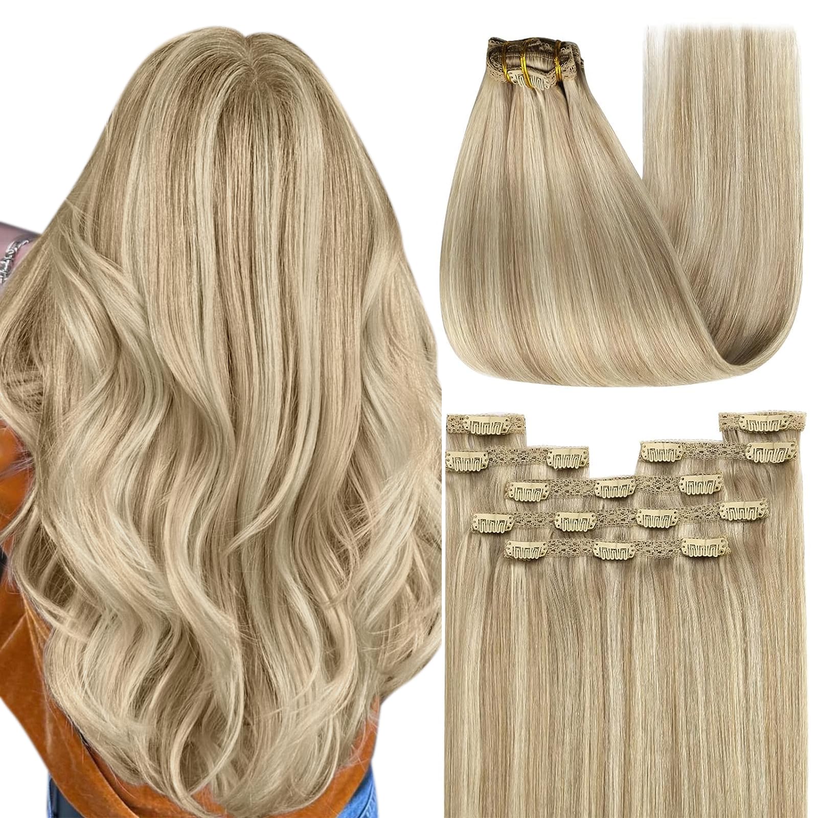 YoungSee 150G Clip in Hair Extensions Blonde Highlight Clip on Hair Extensions Light Blonde Highlighted Golden Blonde Lace Clip 